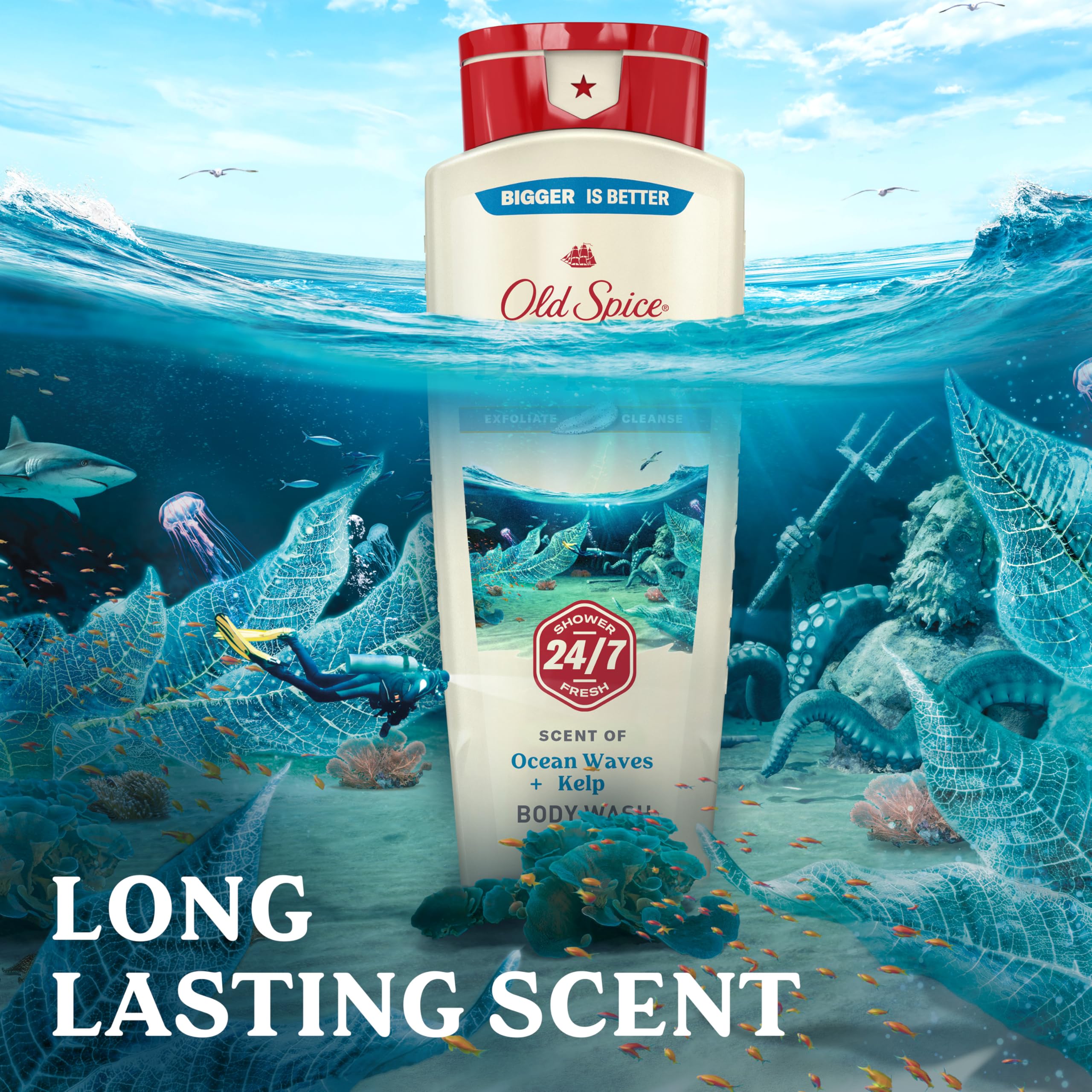 Old Spice bottle in hand showing 18 fl oz scale and travel convenience