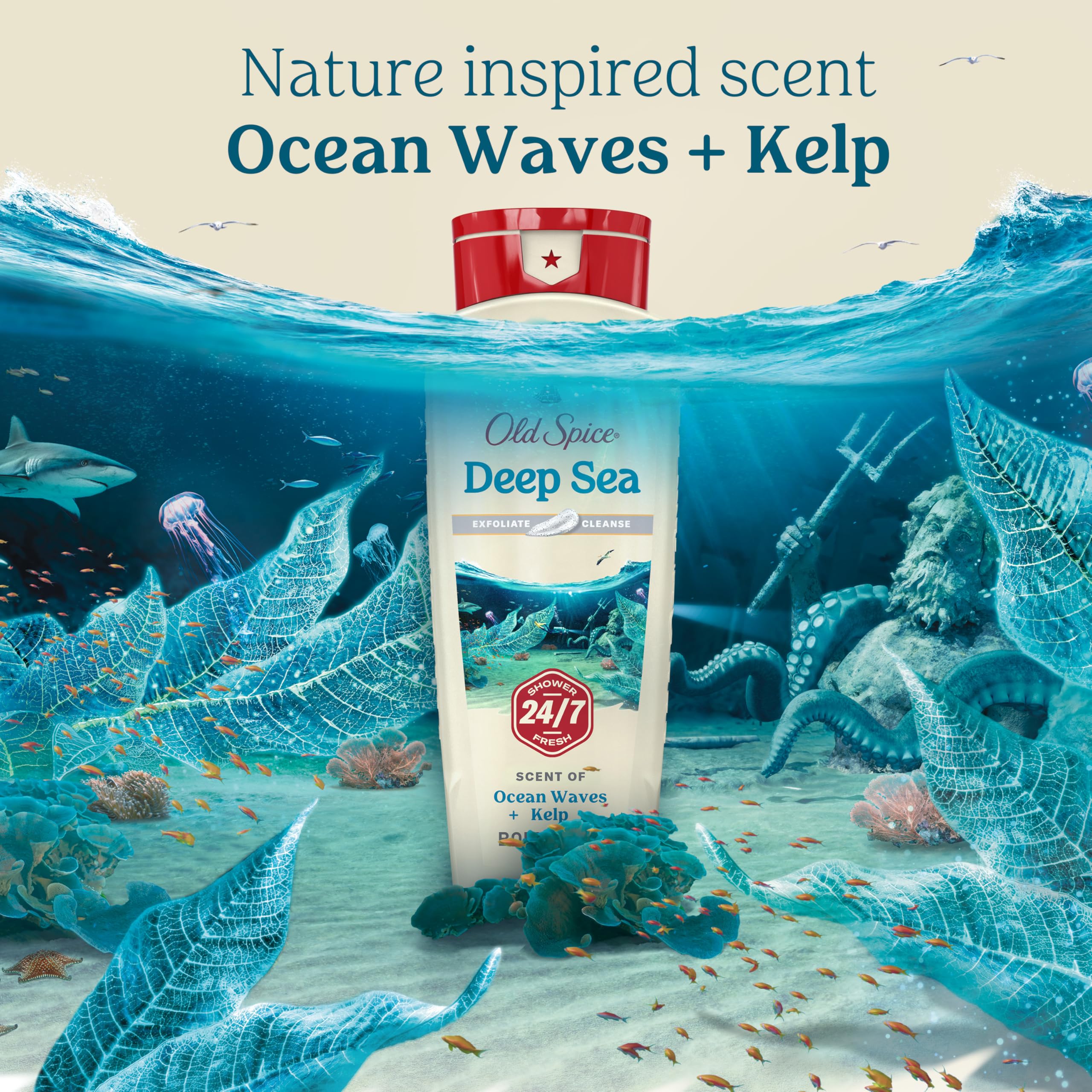 Old Spice in-shower use with loofah illustrating rich lather and odor removal
