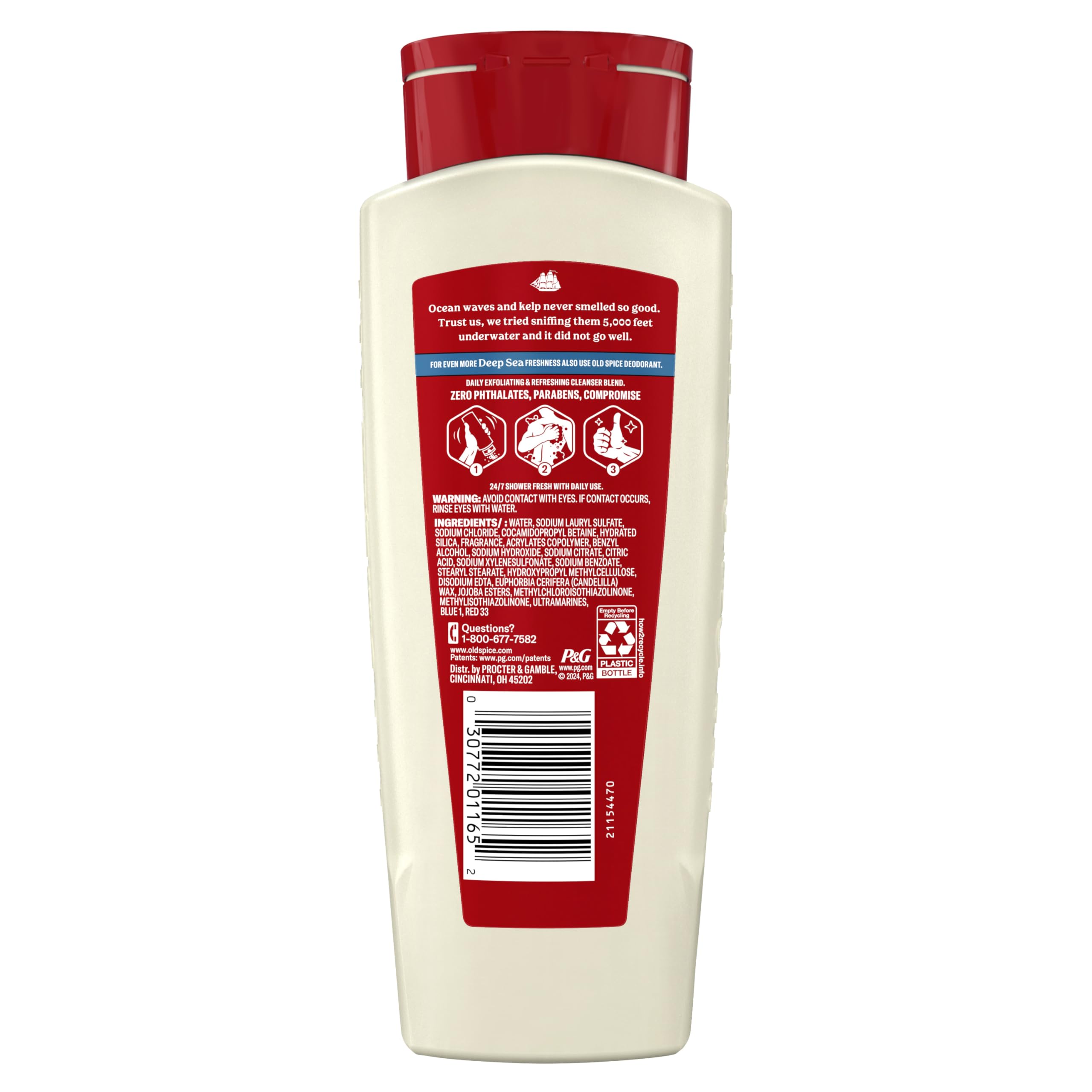 Old Spice ingredients panel photo emphasizing phthalate- and dye-free formula