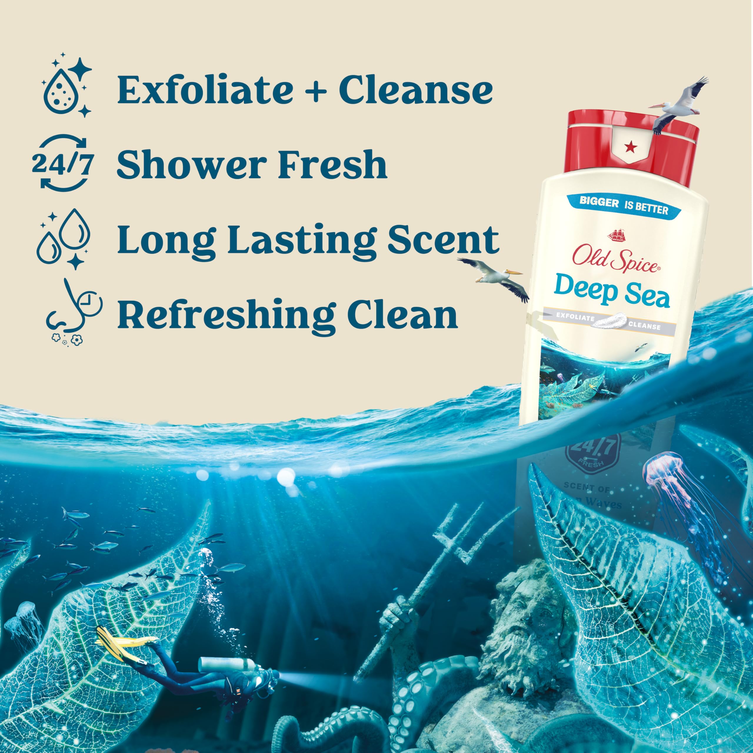 Old Spice body wash pouring and lathering delivering effective clean and moisture
