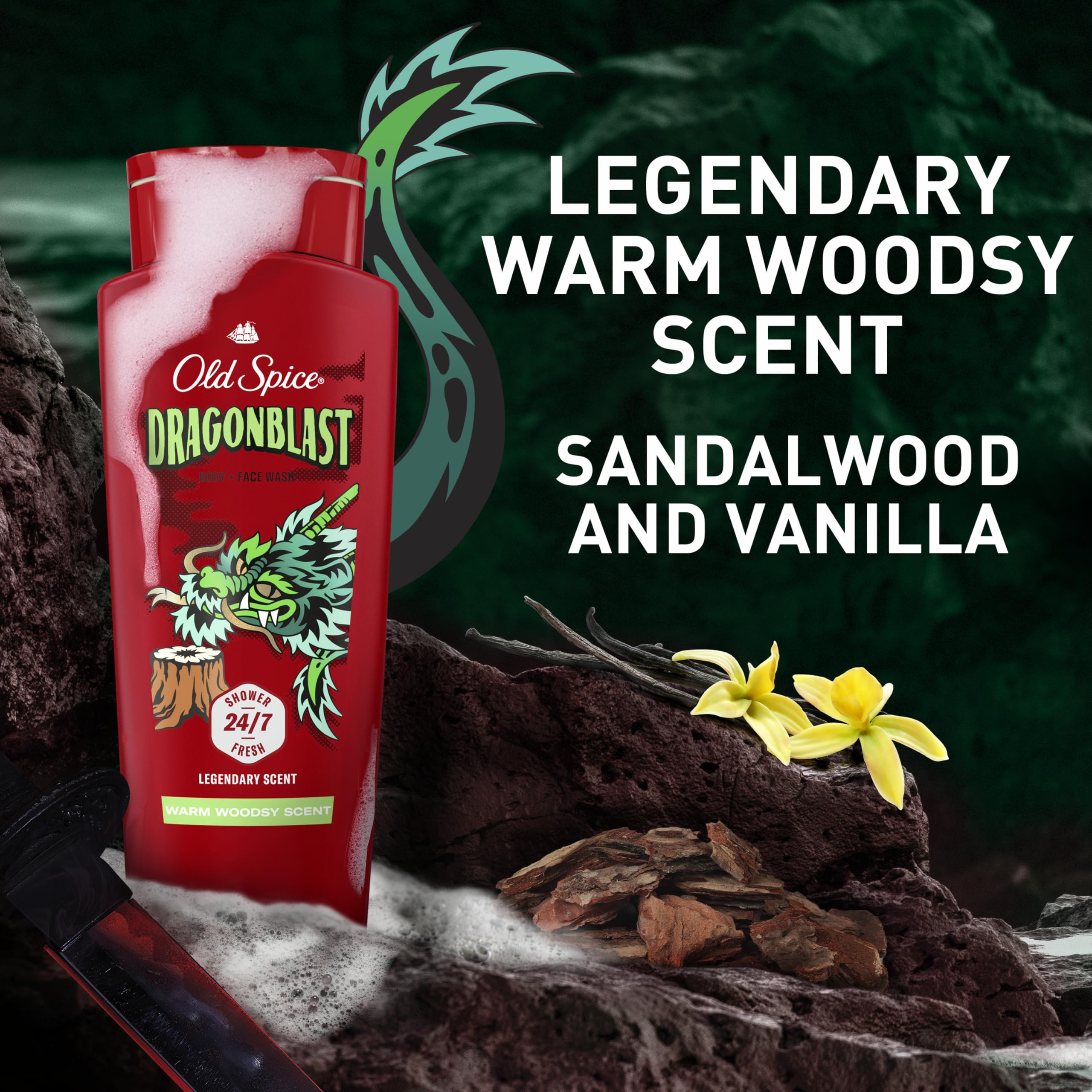 Four Old Spice Dragonblast bottles stacked showing bulk value