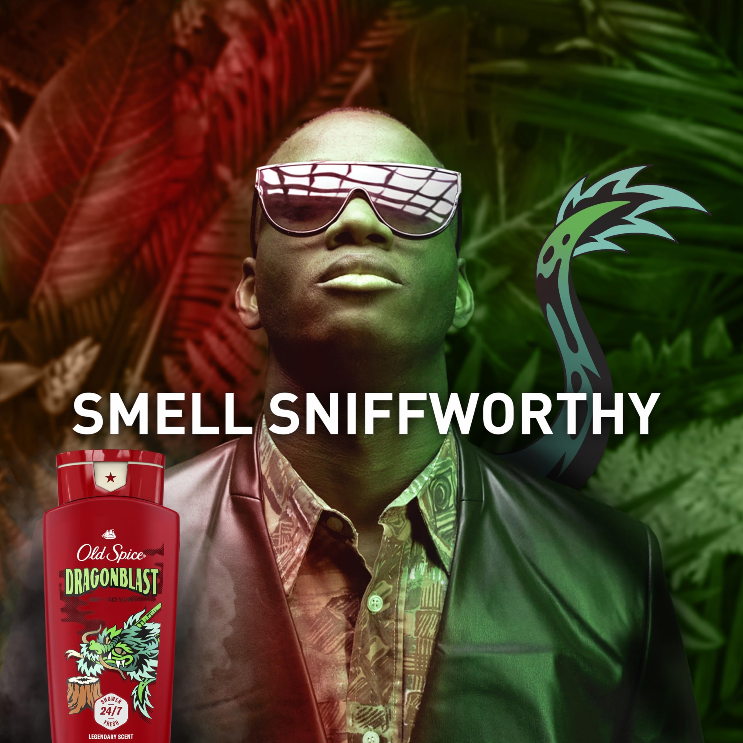Old Spice Dragonblast on shower shelf showing everyday convenience