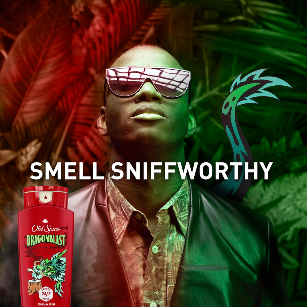 Old Spice Dragonblast on shower shelf showing everyday convenience