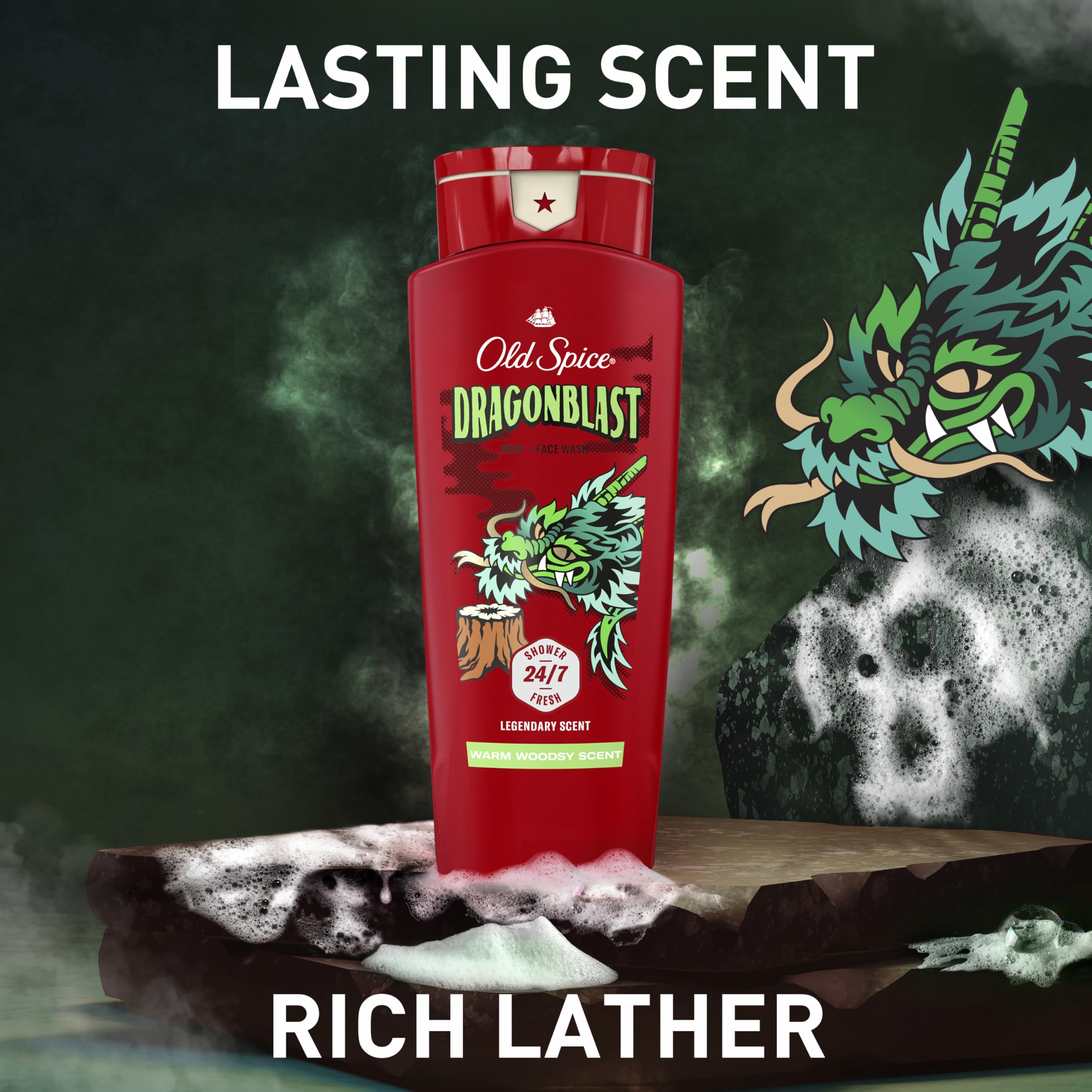 Old Spice Dragonblast next to ruler illustrating the 24 fl oz scale