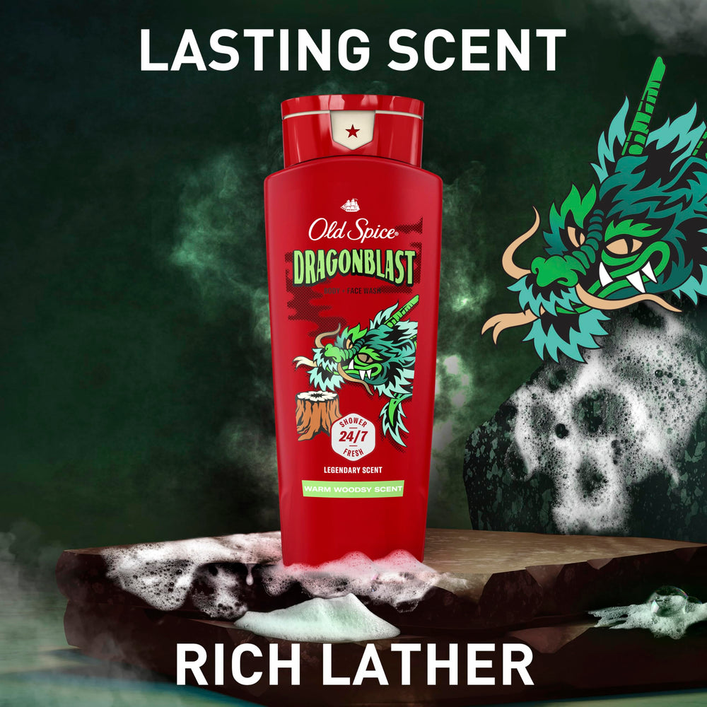 Old Spice Dragonblast next to ruler illustrating the 24 fl oz scale