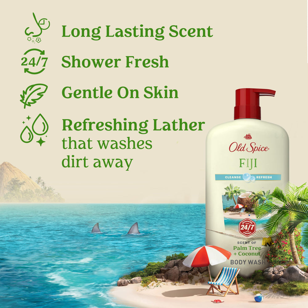 Old Spice label close-up highlighting Fiji Palm Tree + Coconut scent clarity