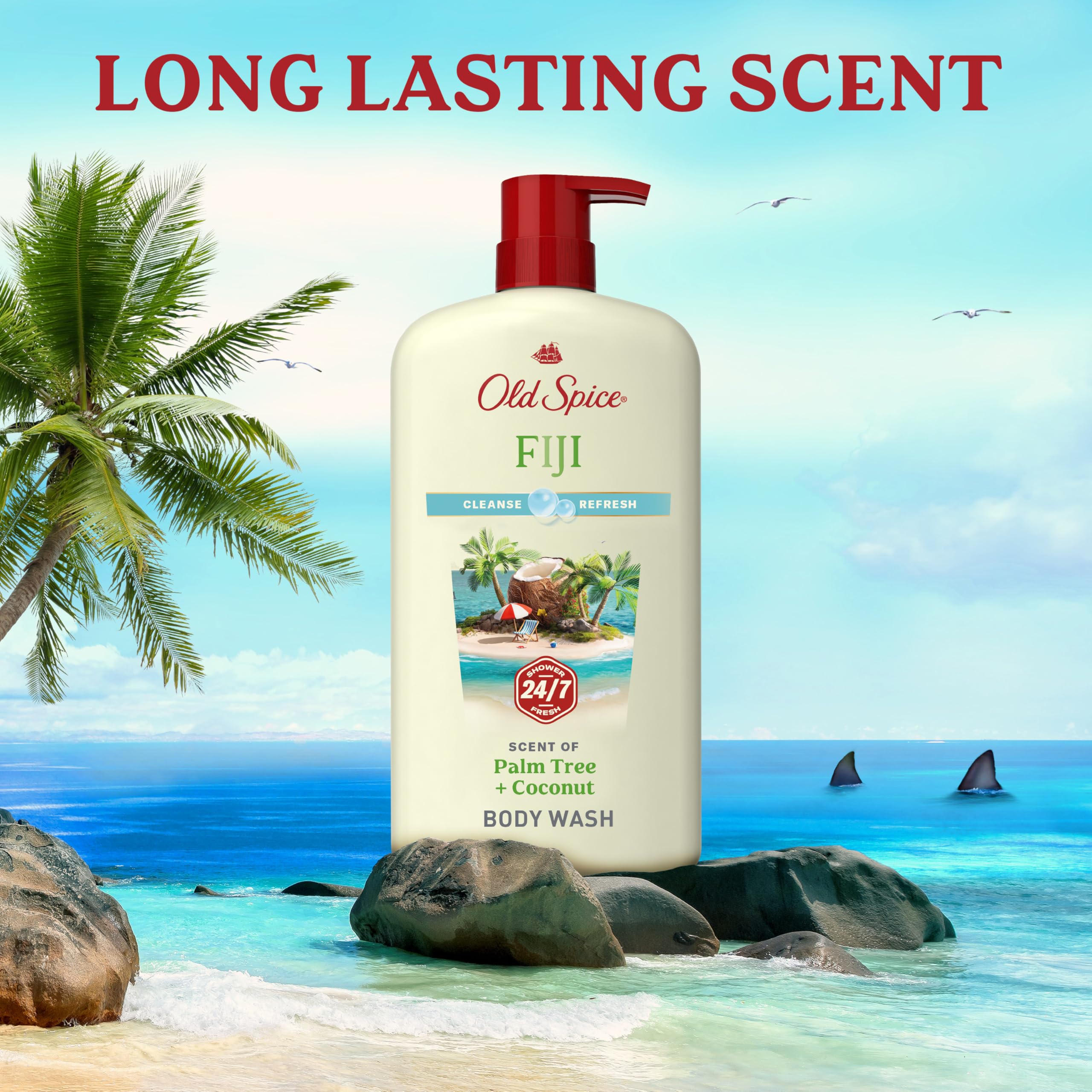 Old Spice bottle next to towel showing 30 fl oz scale and convenience