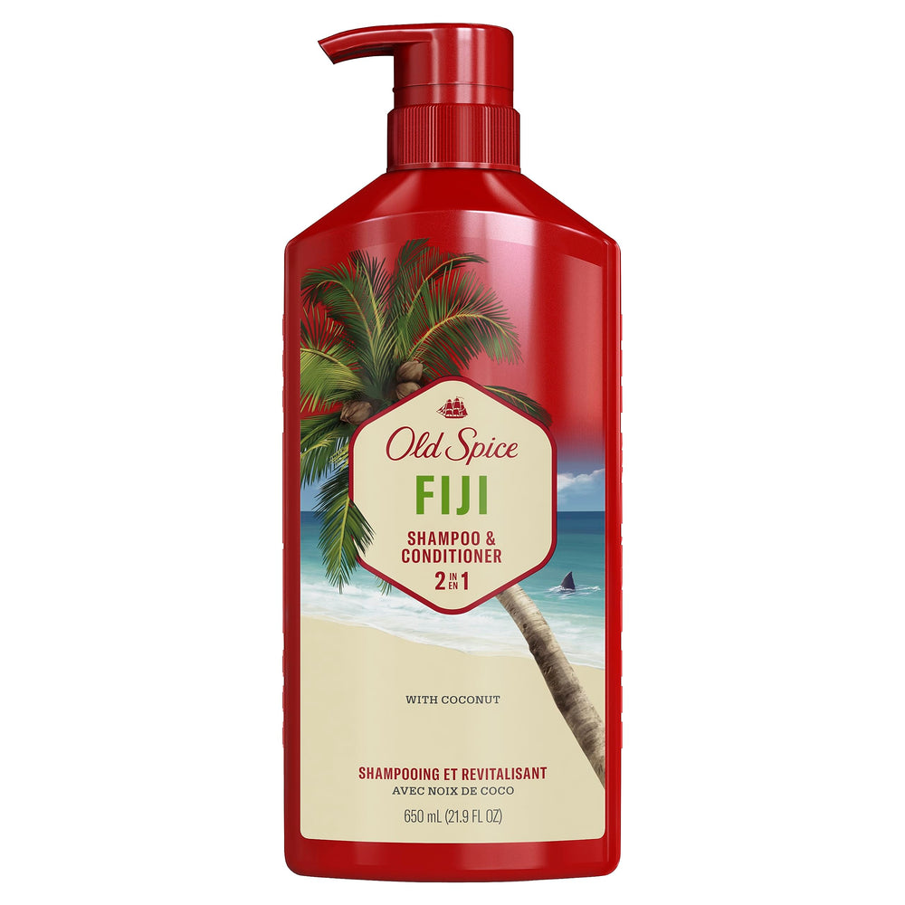 Old Spice Fiji with coconut and wood props evoking tropical scent