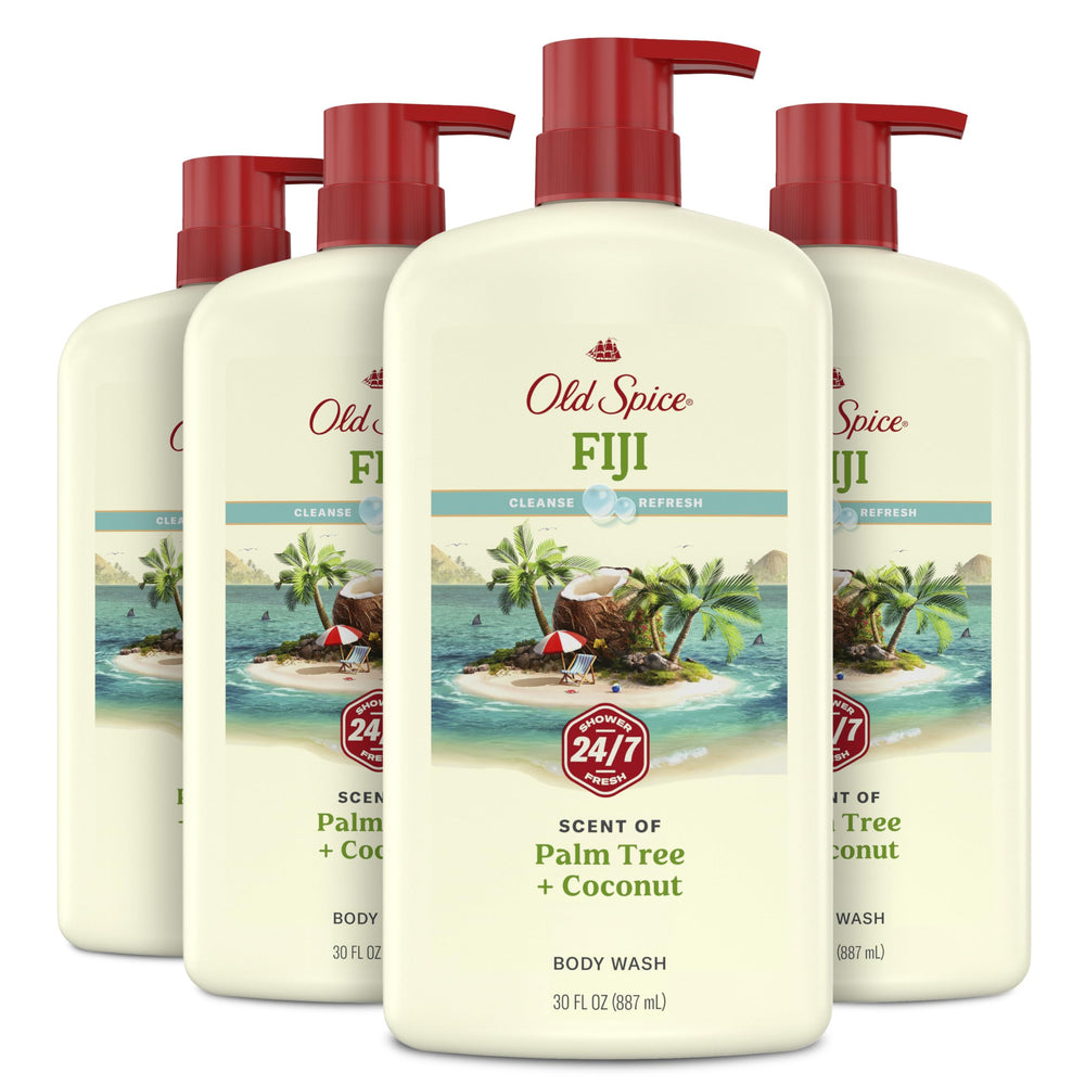 Old Spice Fiji front packaging showing 30 fl oz bottle and bold brand benefit