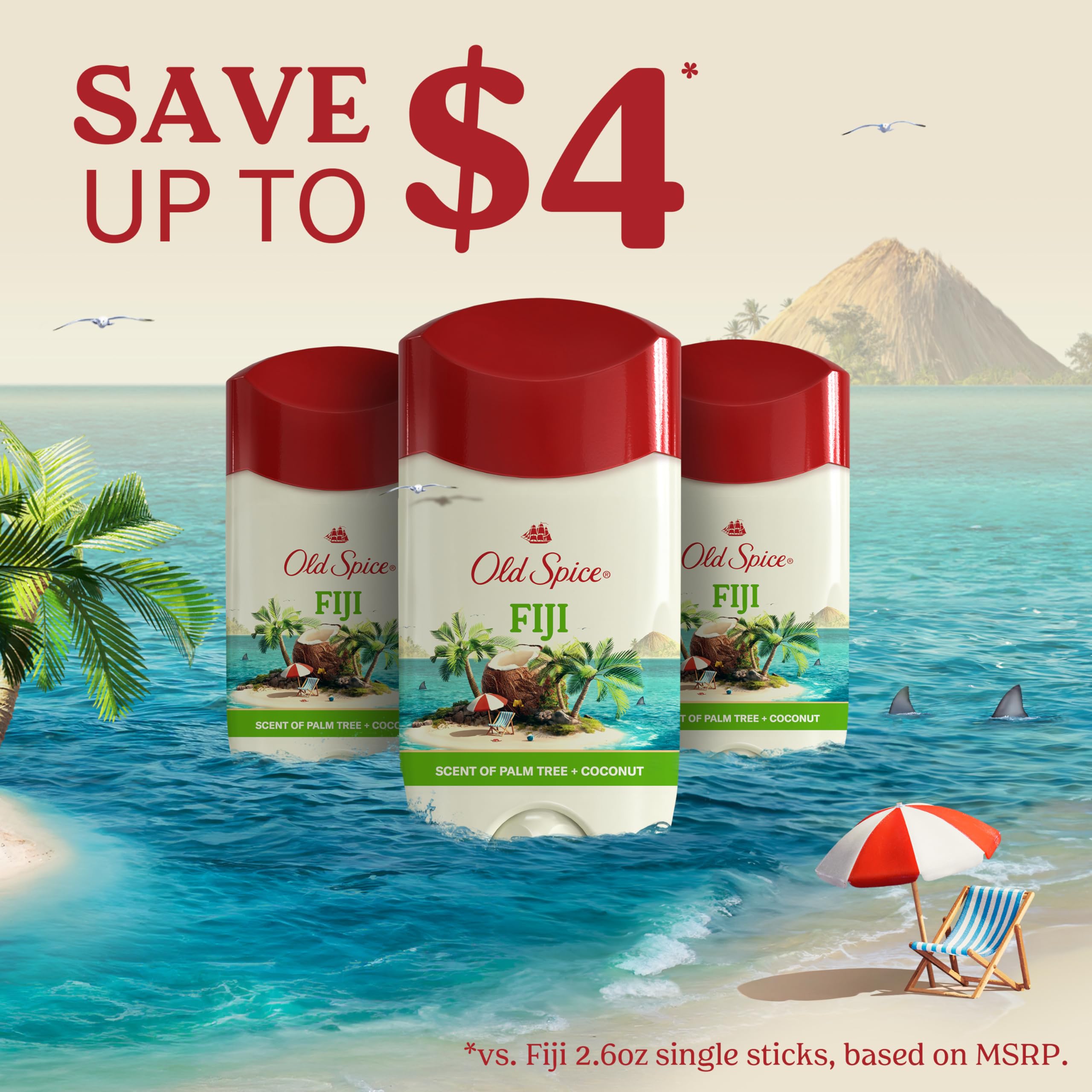 Old Spice Fiji next to a ruler showing 2.6 oz size portability benefit