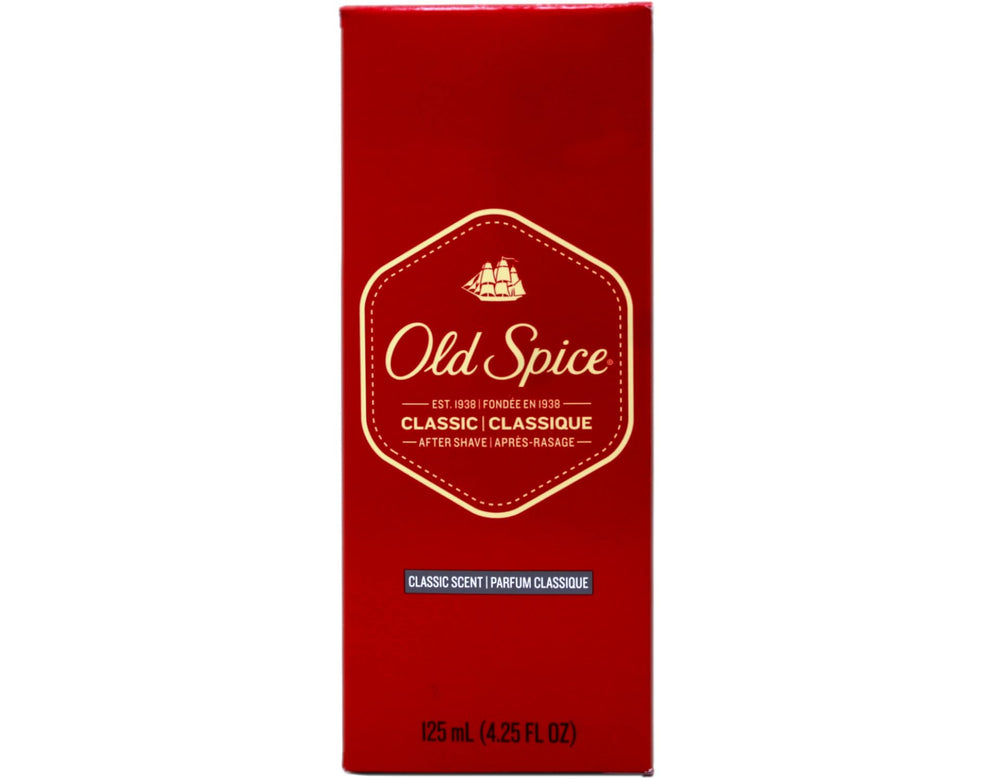 Old Spice bottle close-up of glass neck and label emphasizing quality packaging