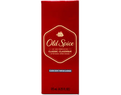 Old Spice bottle close-up of glass neck and label emphasizing quality packaging