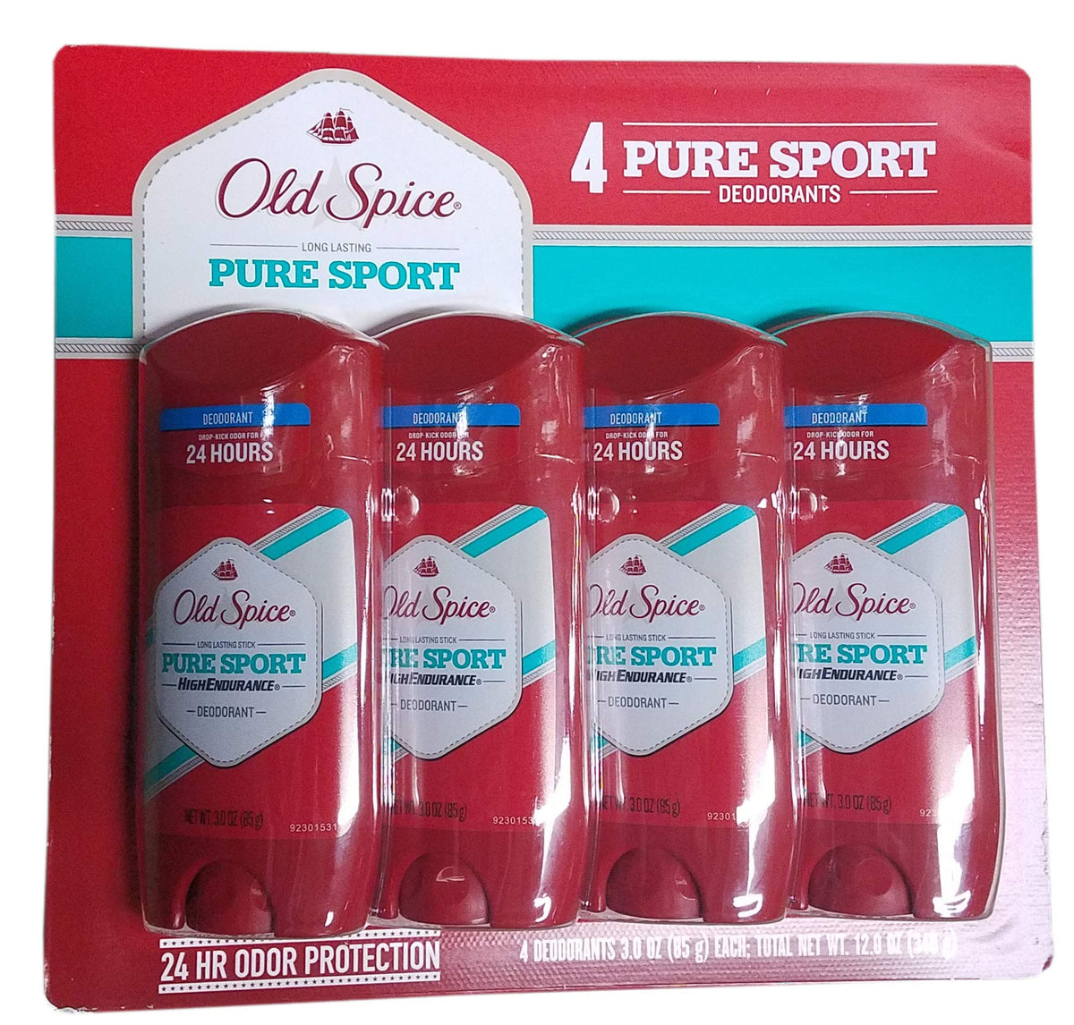 Old Spice front packaging showing clear product and long-lasting protection