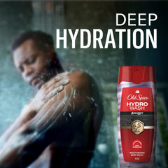 Old Spice Hydro Wash Swagger bottle resting on a shower shelf conveying convenience and daily readiness