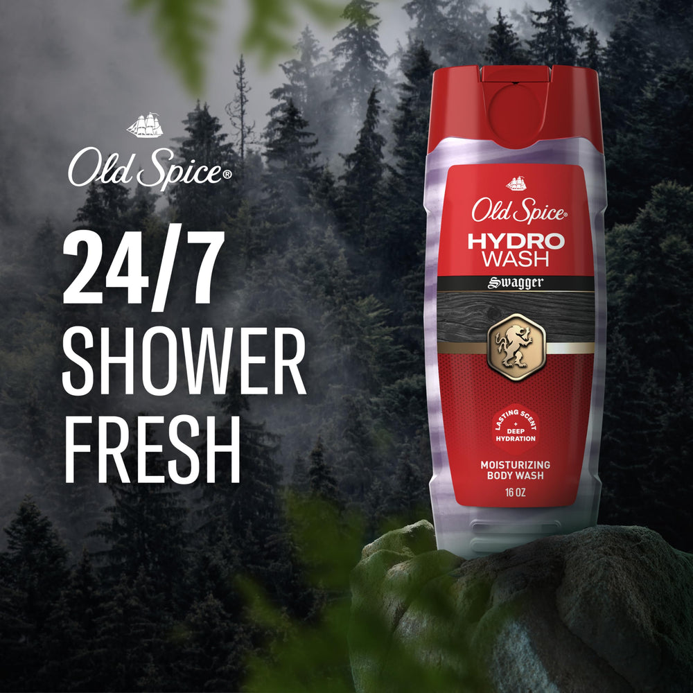 Old Spice Hydro Wash Swagger pump dispensing lather to show easy foaming and effective cleansing