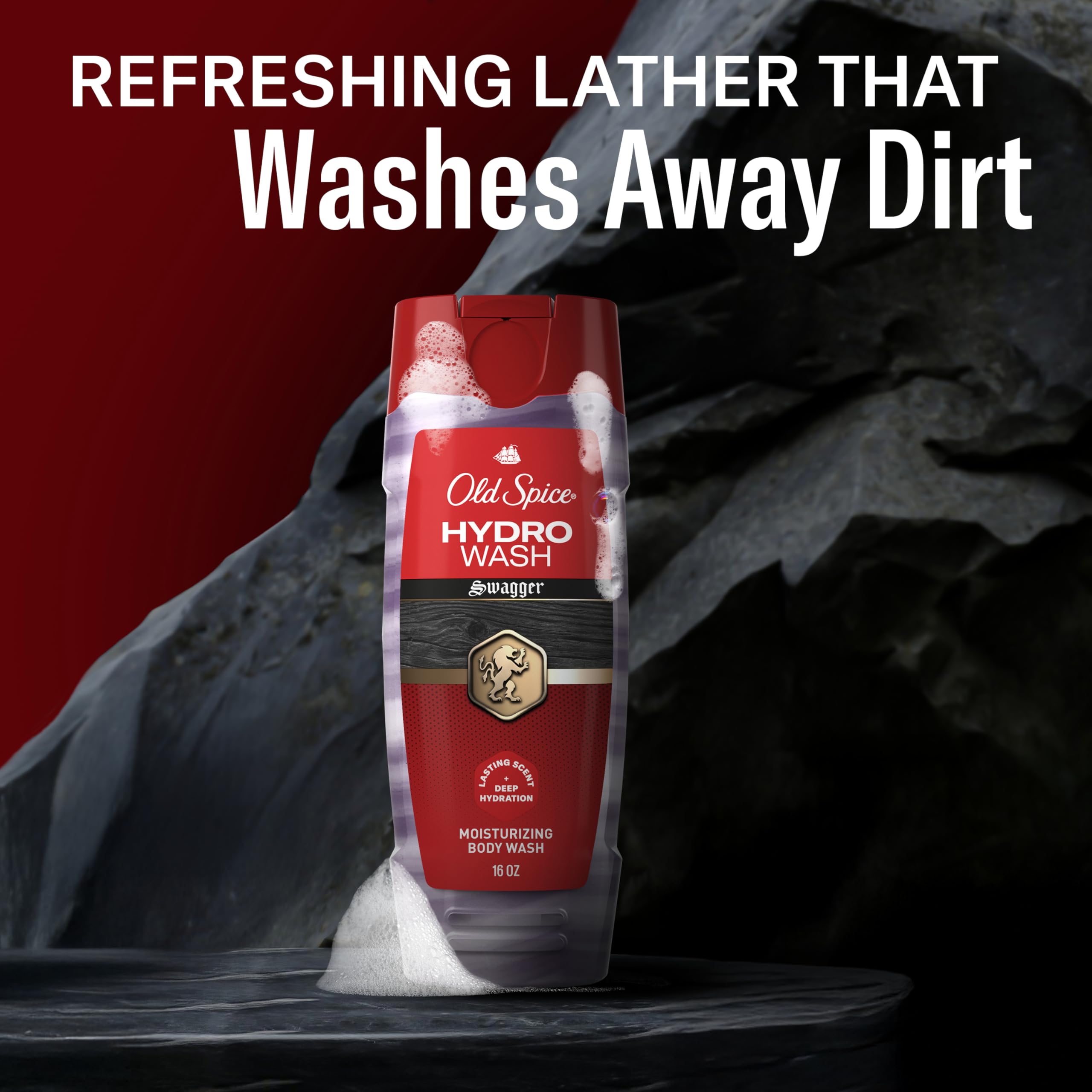 Old Spice Hydro Wash Swagger close-up foam texture illustrating rich lather for thorough body cleansing