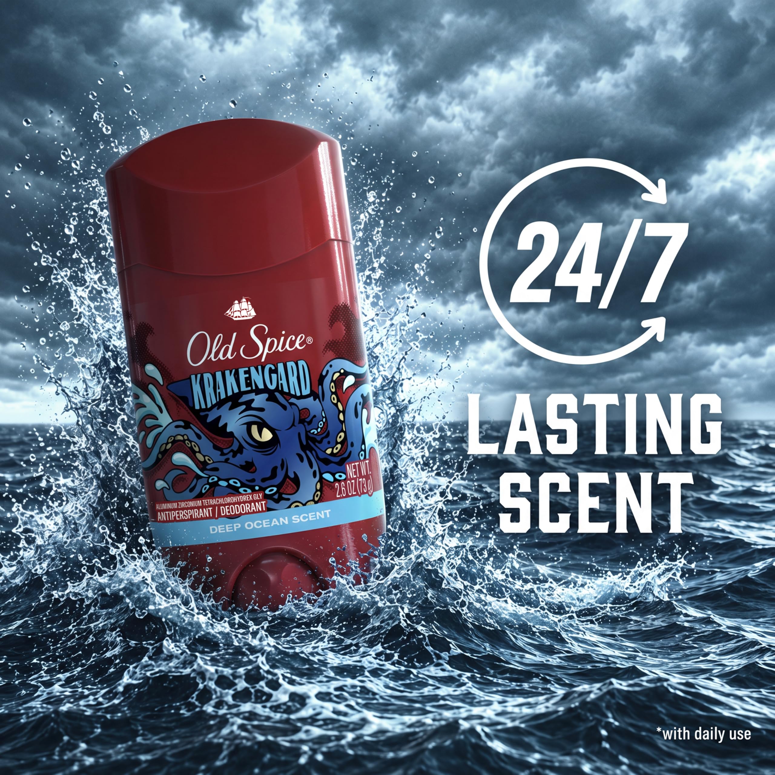 Old Spice Krakengard applying underarm showing quick-drying sweat control benefit