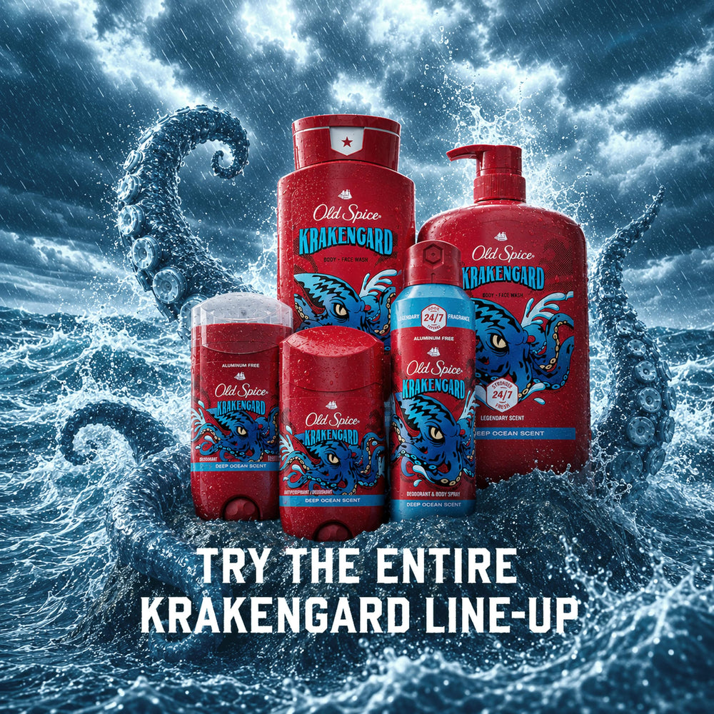 Old Spice Krakengard on bathroom vanity suggesting daily grooming routine benefit