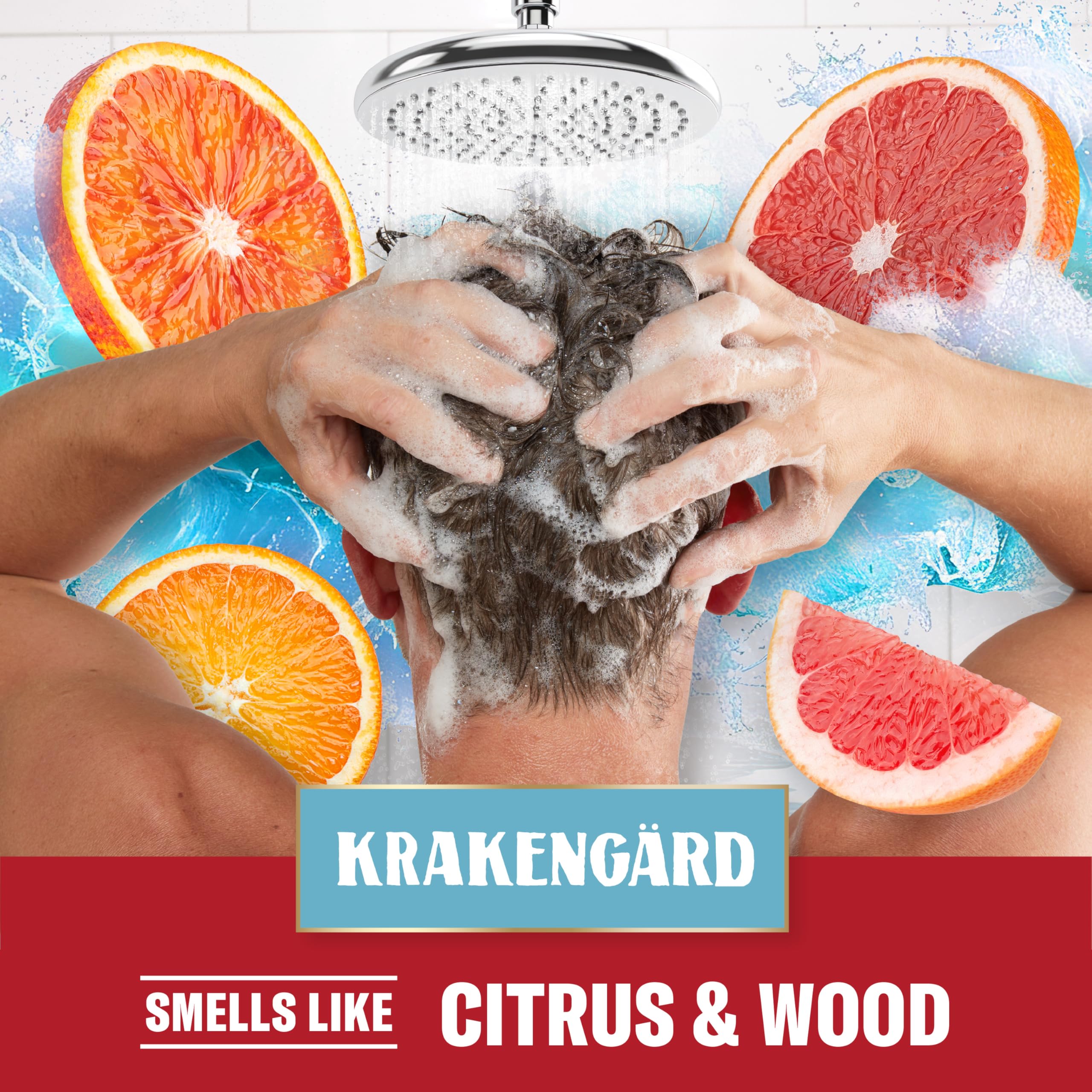 Old Spice Krakengard bottle in shower showing convenient single-step benefit