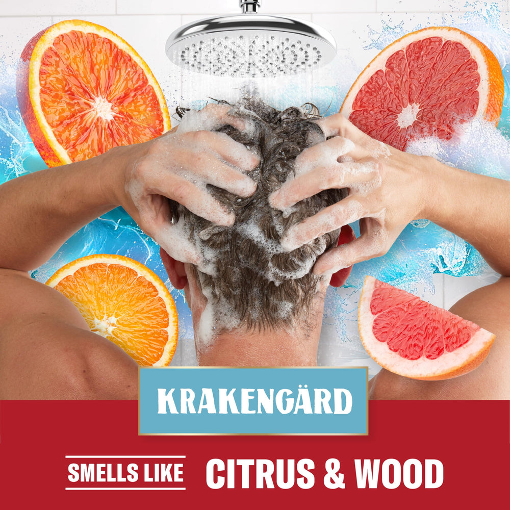 Old Spice Krakengard bottle in shower showing convenient single-step benefit