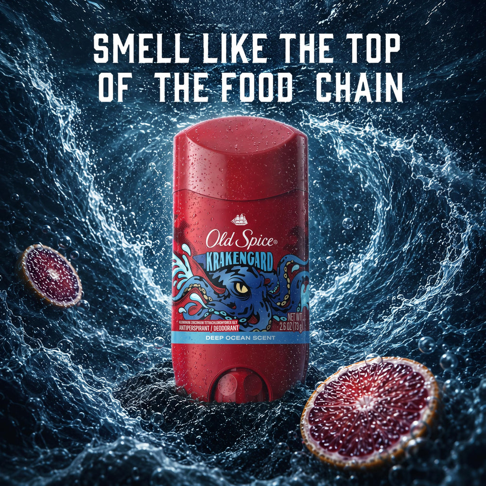 Old Spice Krakengard next to ruler showing compact 2.6 oz size convenience