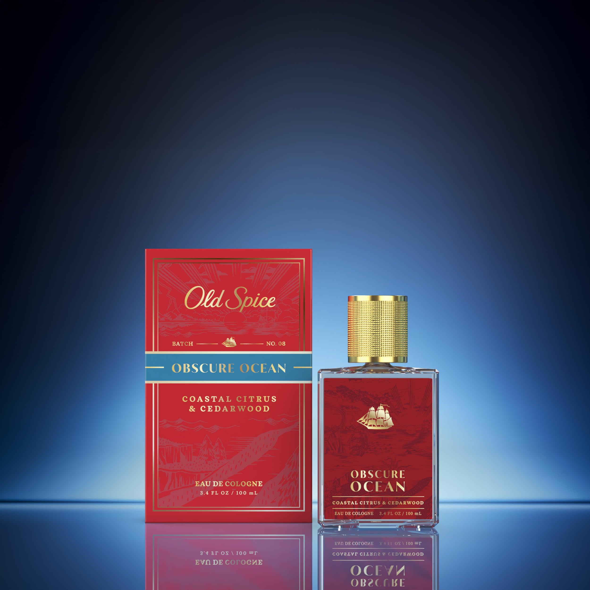 Old Spice bottle in hand showing 3.4 fl oz scale for travel convenience