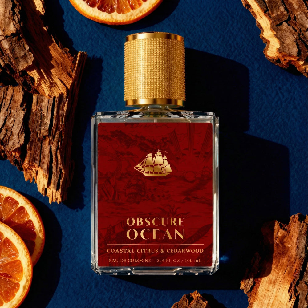Old Spice citrus and cedar texture close-up conveying invigorating scent blend