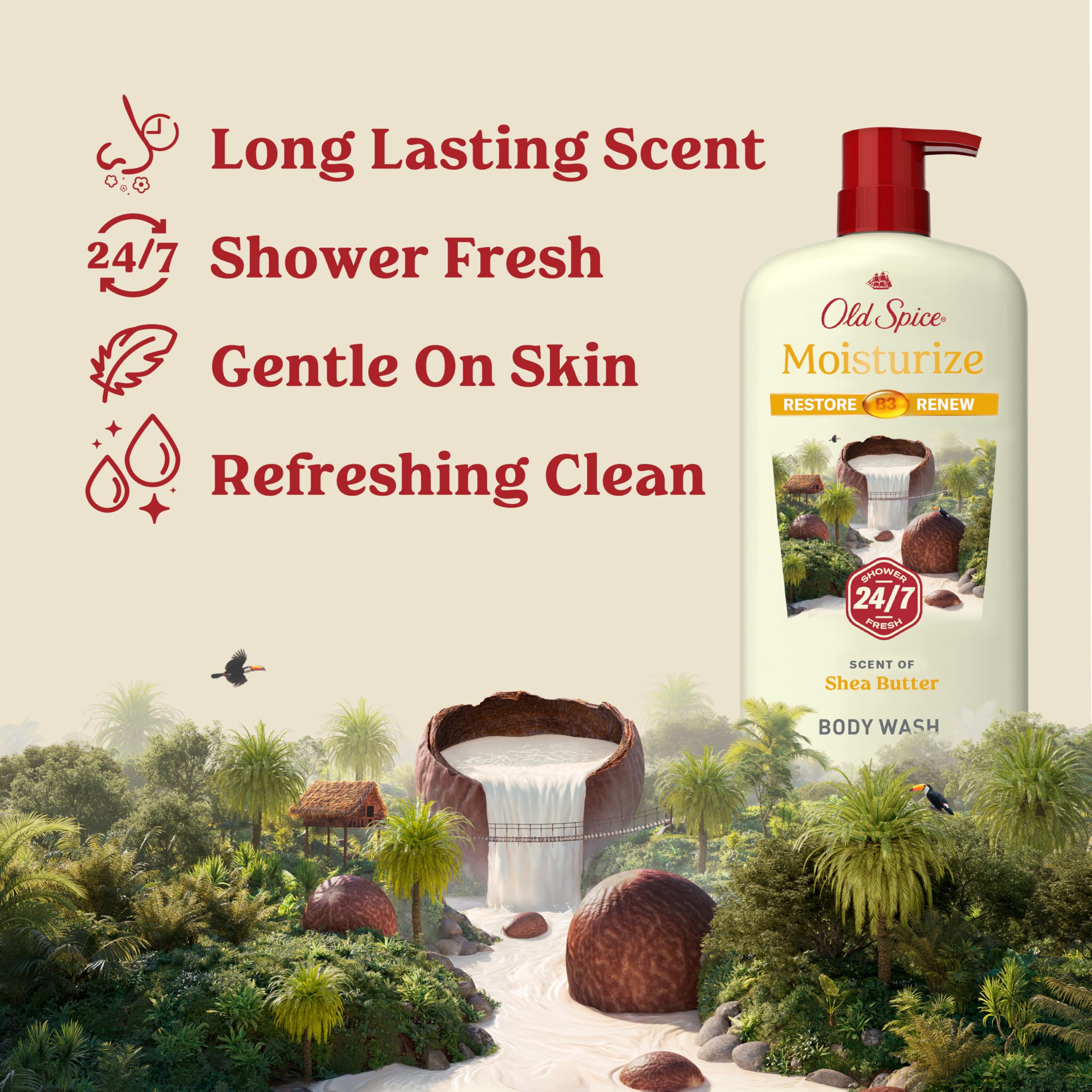 Old Spice dispensing body wash from pump, easy controlled use for efficient showers