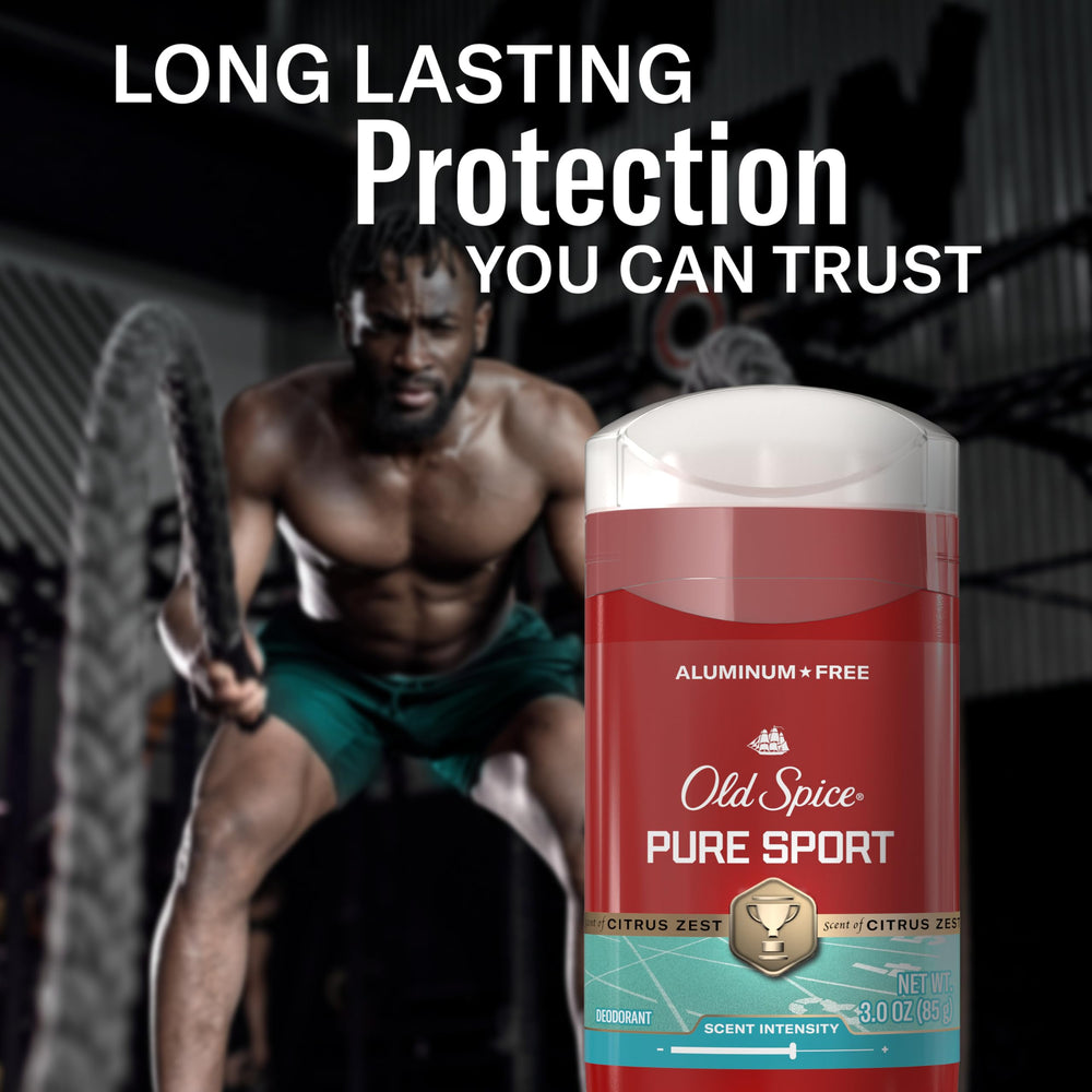 Old Spice Pure Sport beside a smartphone for scale, conveying compact 3.0 oz size