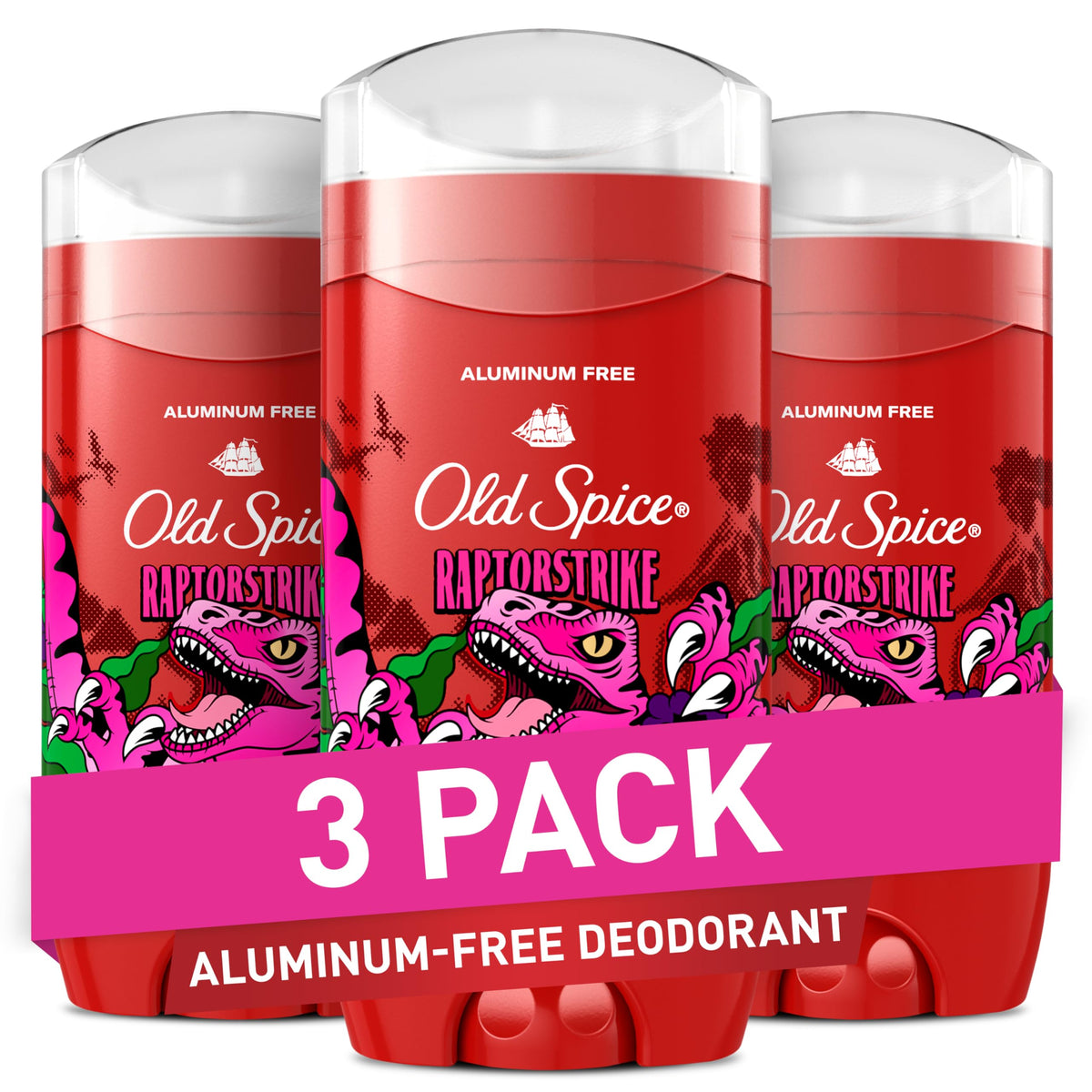 Old Spice Raptorstrike front packaging showing bold branding and three sticks for convenience