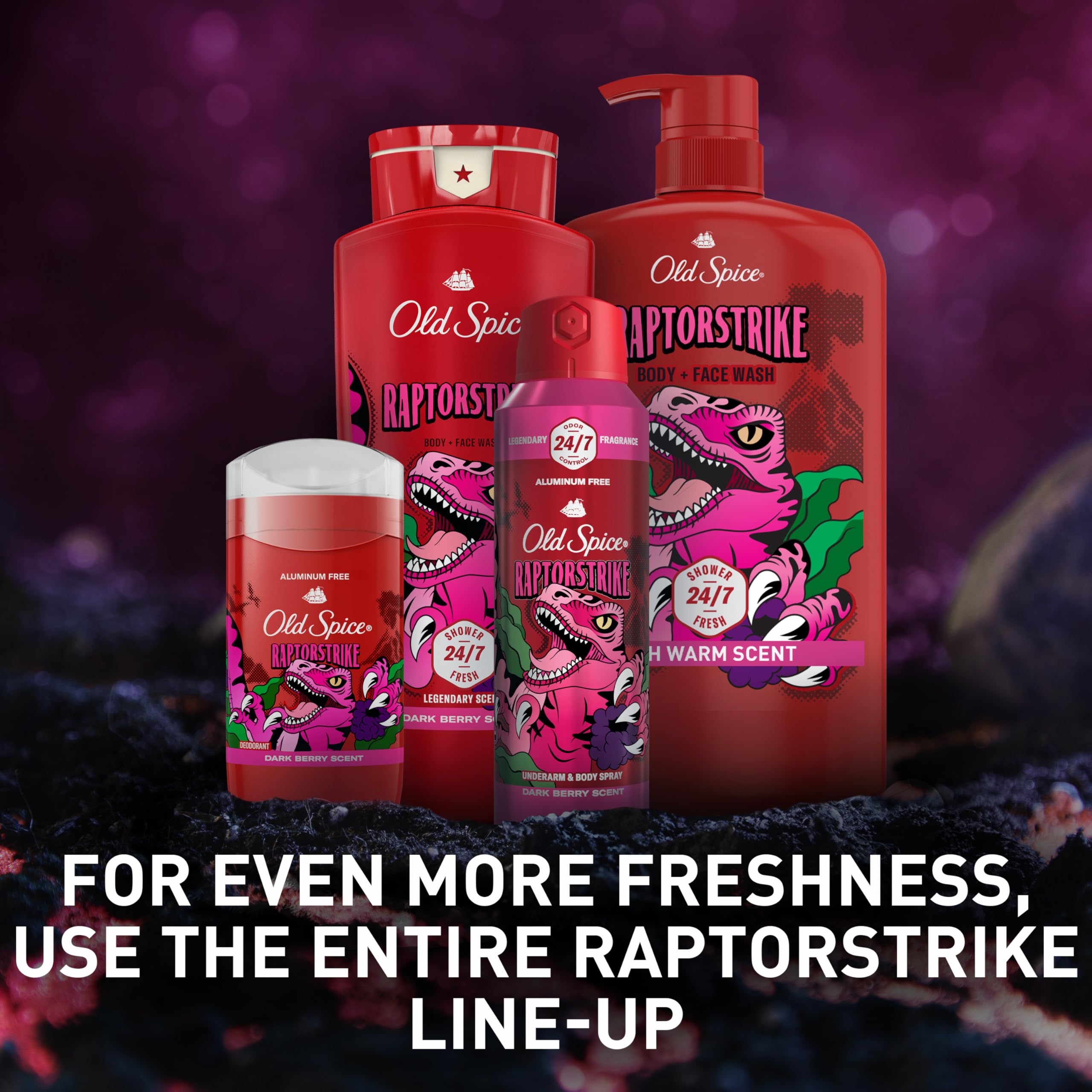 Old Spice Raptorstrike next to Old Spice body wash showing layering for longer-lasting scent