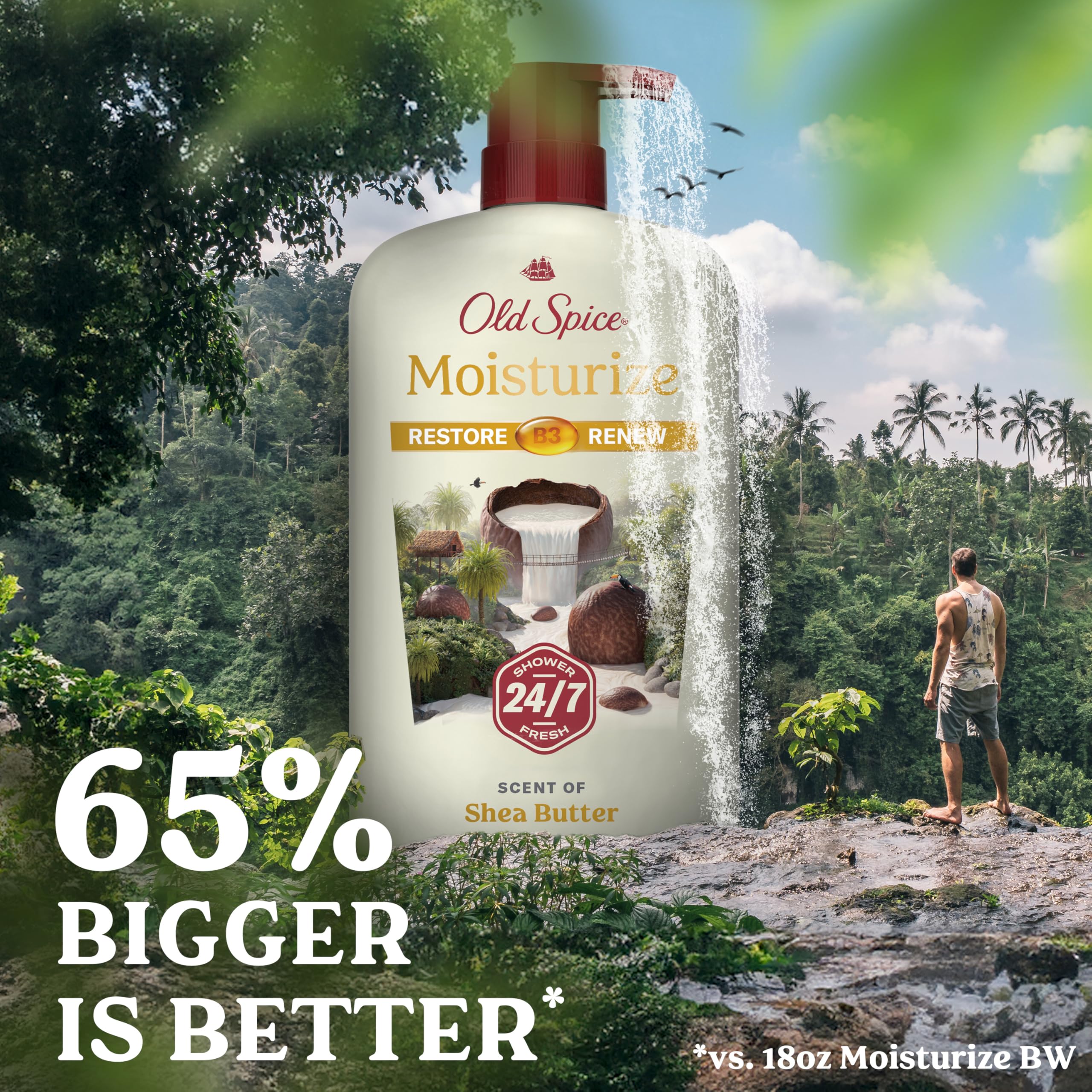Old Spice in-shower use by man, practical everyday cleansing and moisturizing benefit
