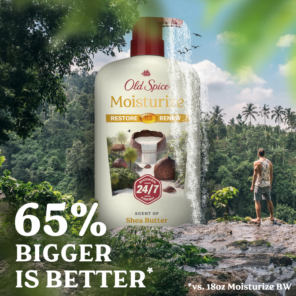 Old Spice in-shower use by man, practical everyday cleansing and moisturizing benefit