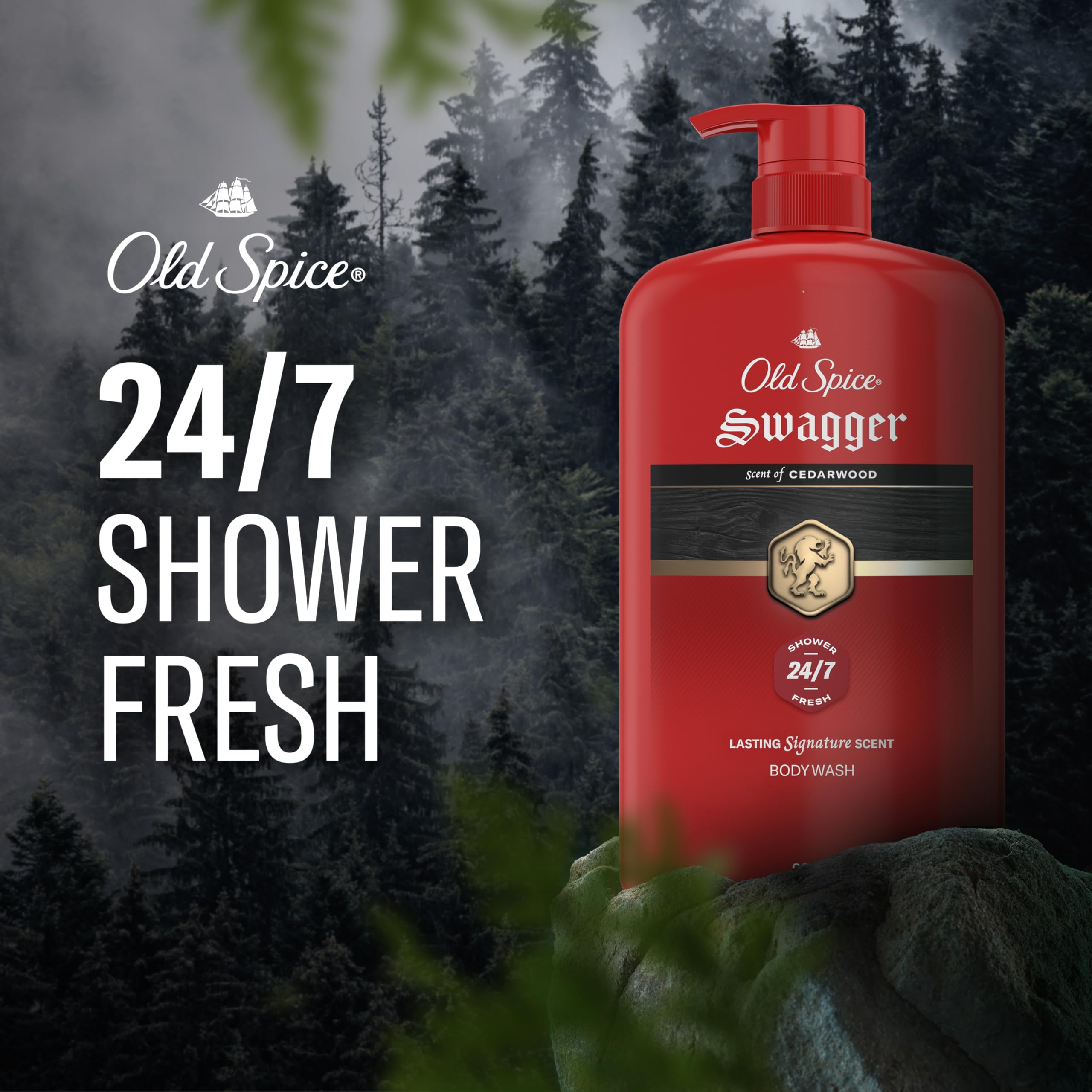 Old Spice Swagger pouring thick lather from bottle, demonstrates cleansing power