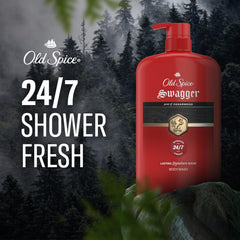 Old Spice Swagger pouring thick lather from bottle, demonstrates cleansing power
