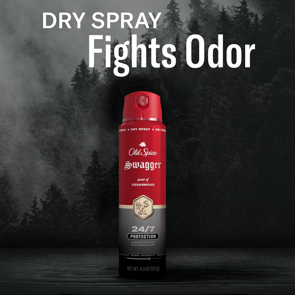 Old Spice Swagger next to travel items showing convenient 4.3 oz portability