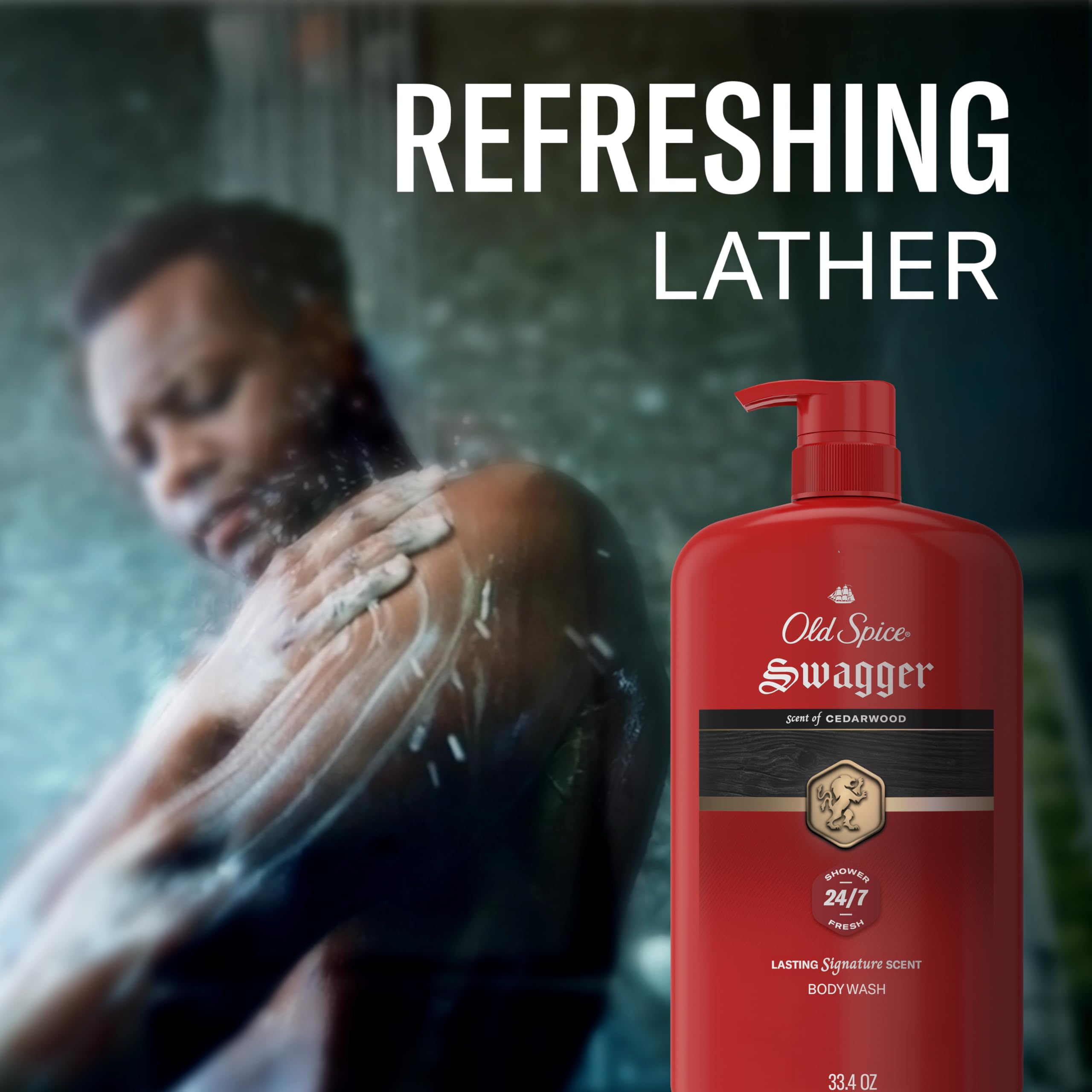 Old Spice Swagger beside common items for scale, clarifies 33.4 fl oz size