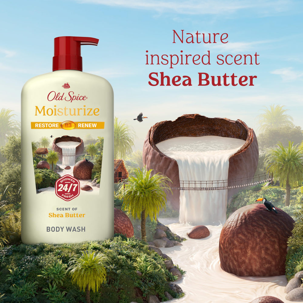 Old Spice body wash texture on hand, illustrates smooth emollient feel for skin
