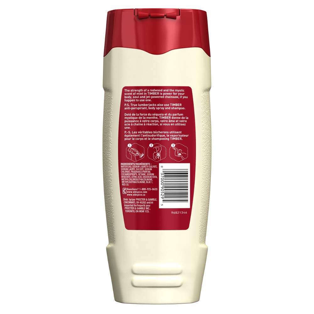 Old Spice Timber back label close-up listing ingredients and usage directions