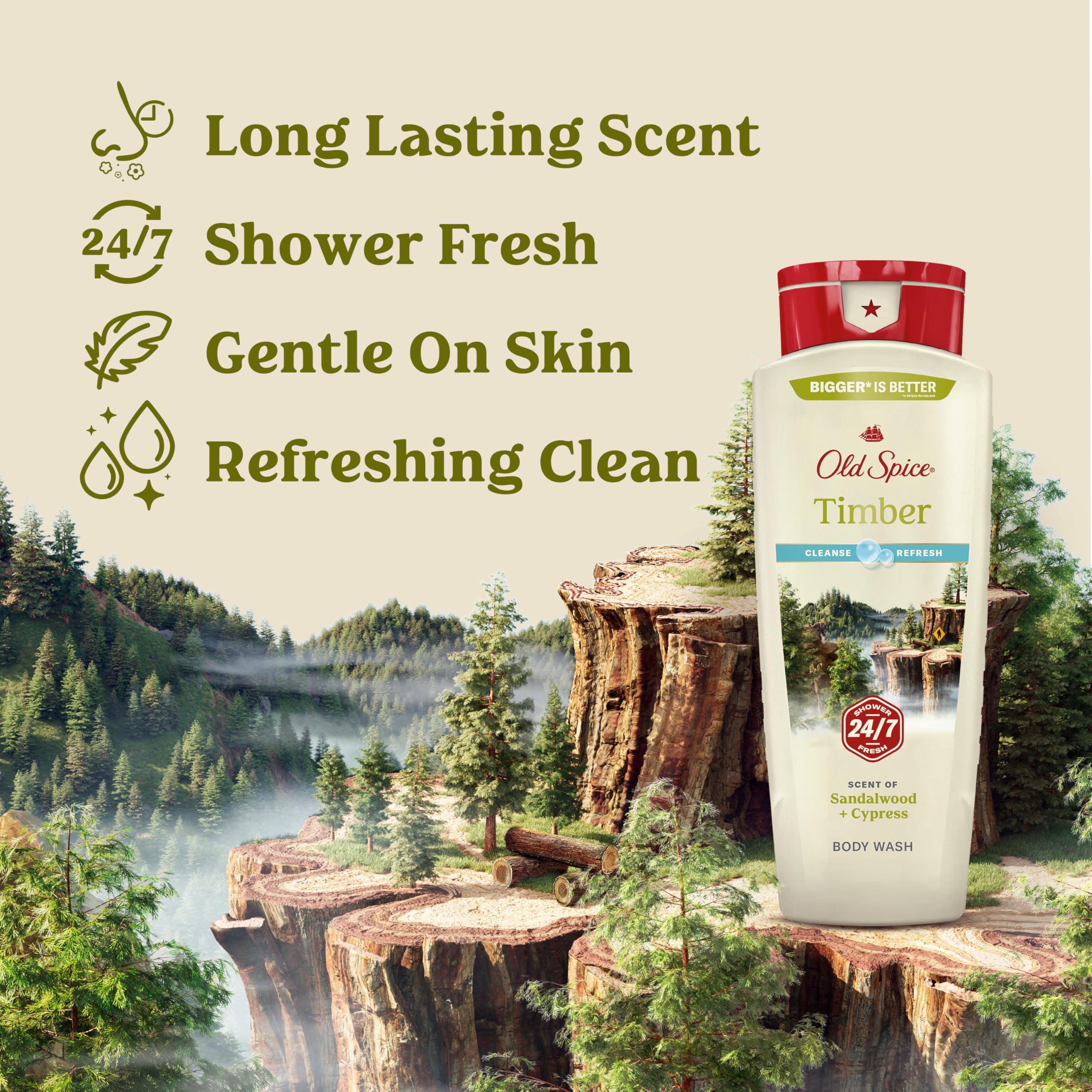 Old Spice Timber close-up label highlighting sandalwood and cypress scent benefits