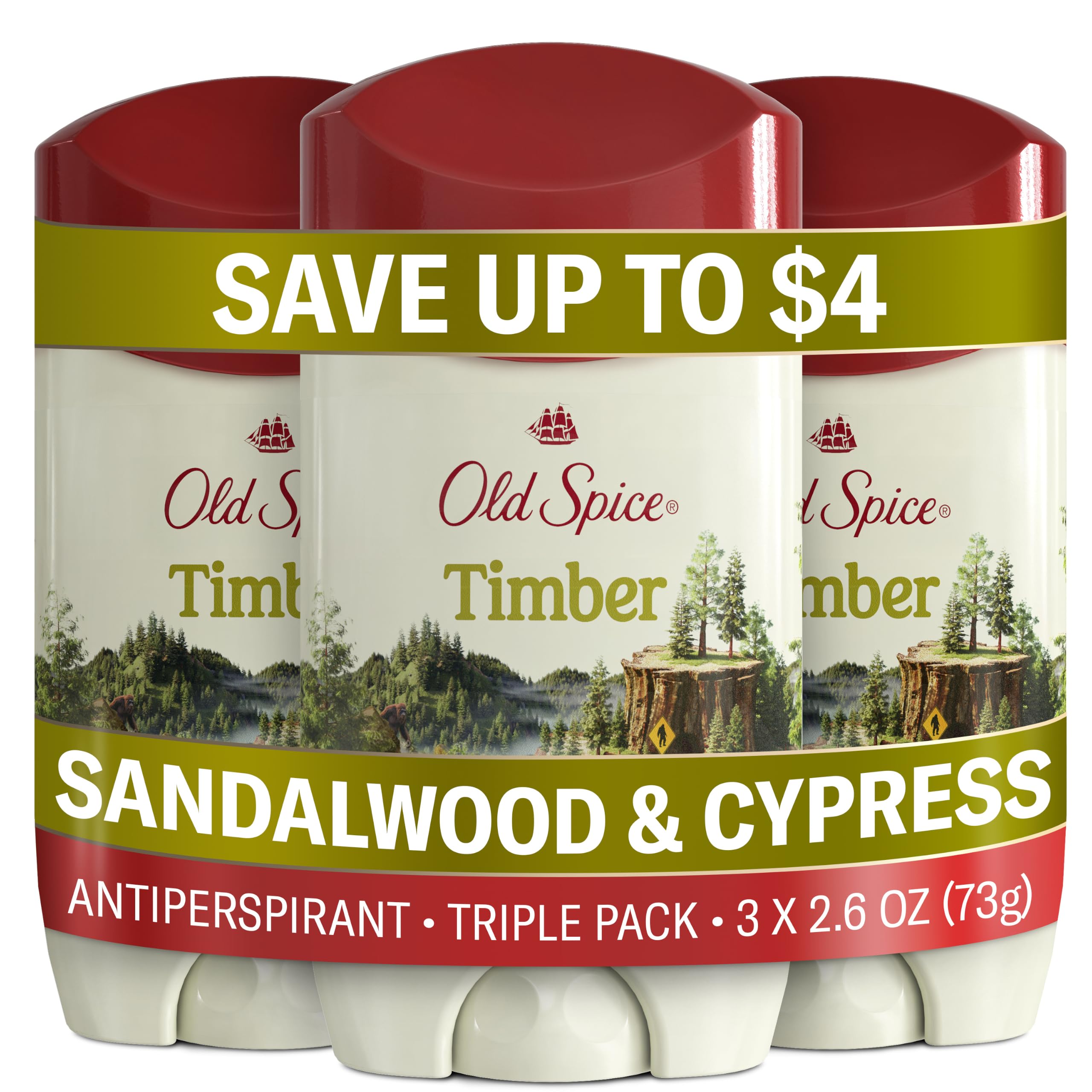 Old Spice Timber front packaging showing product and Timber logo benefit long-lasting protection