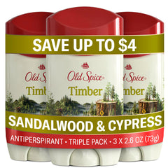 Old Spice Timber front packaging showing product and Timber logo benefit long-lasting protection