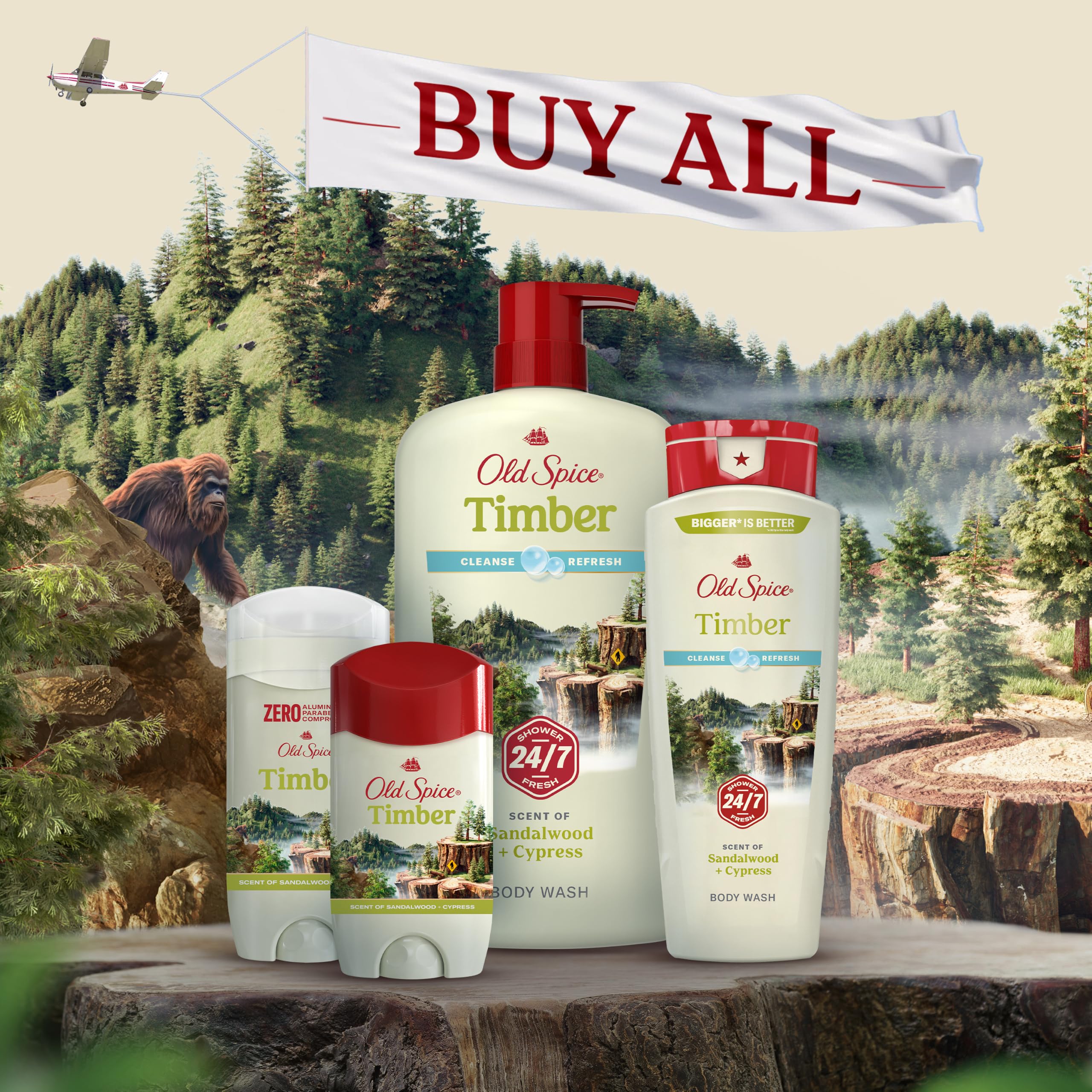 Man in outdoors setting with Old Spice Timber suggesting rugged woodsy scent for adventures
