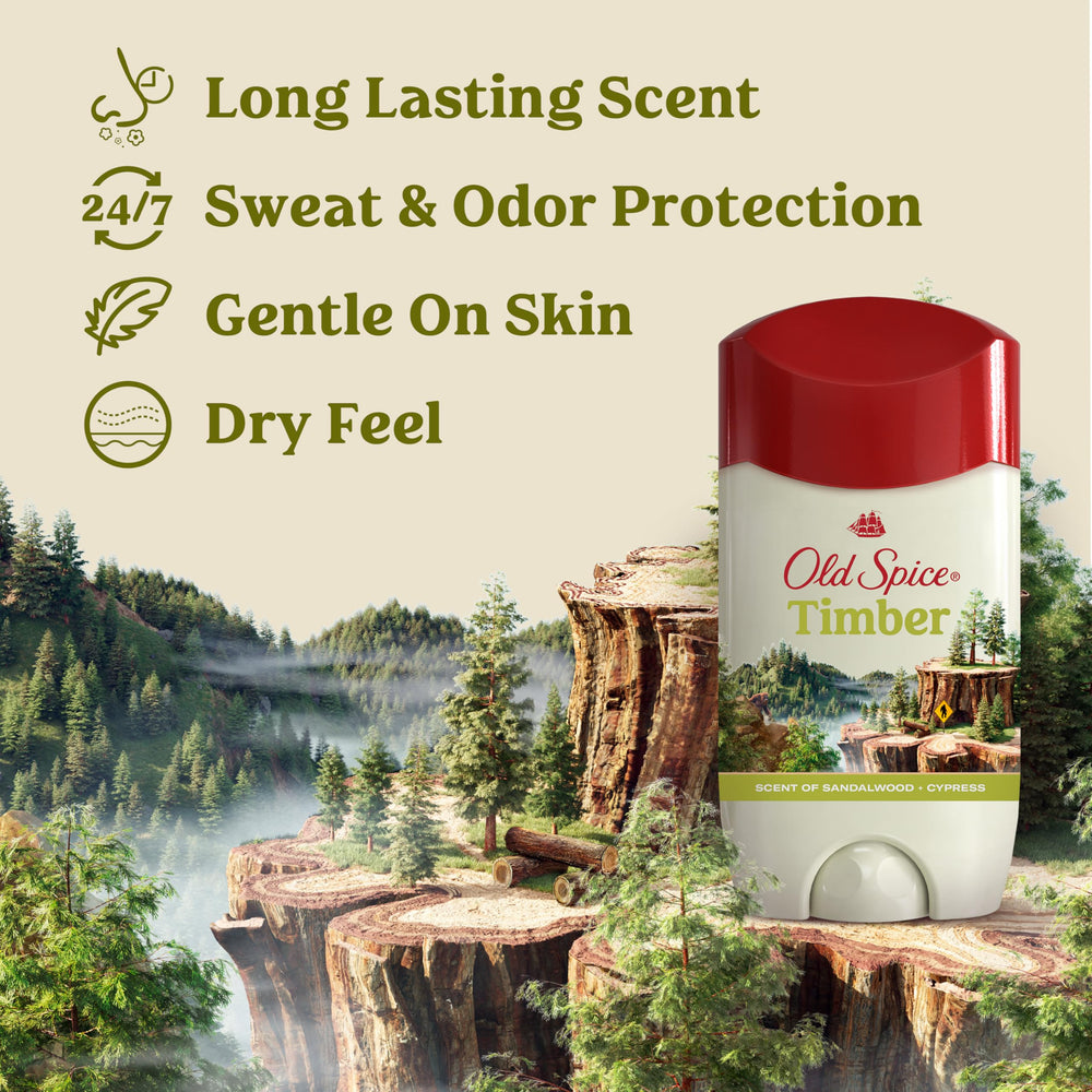 Old Spice Timber open stick showing smooth dry-feel texture for comfortable application