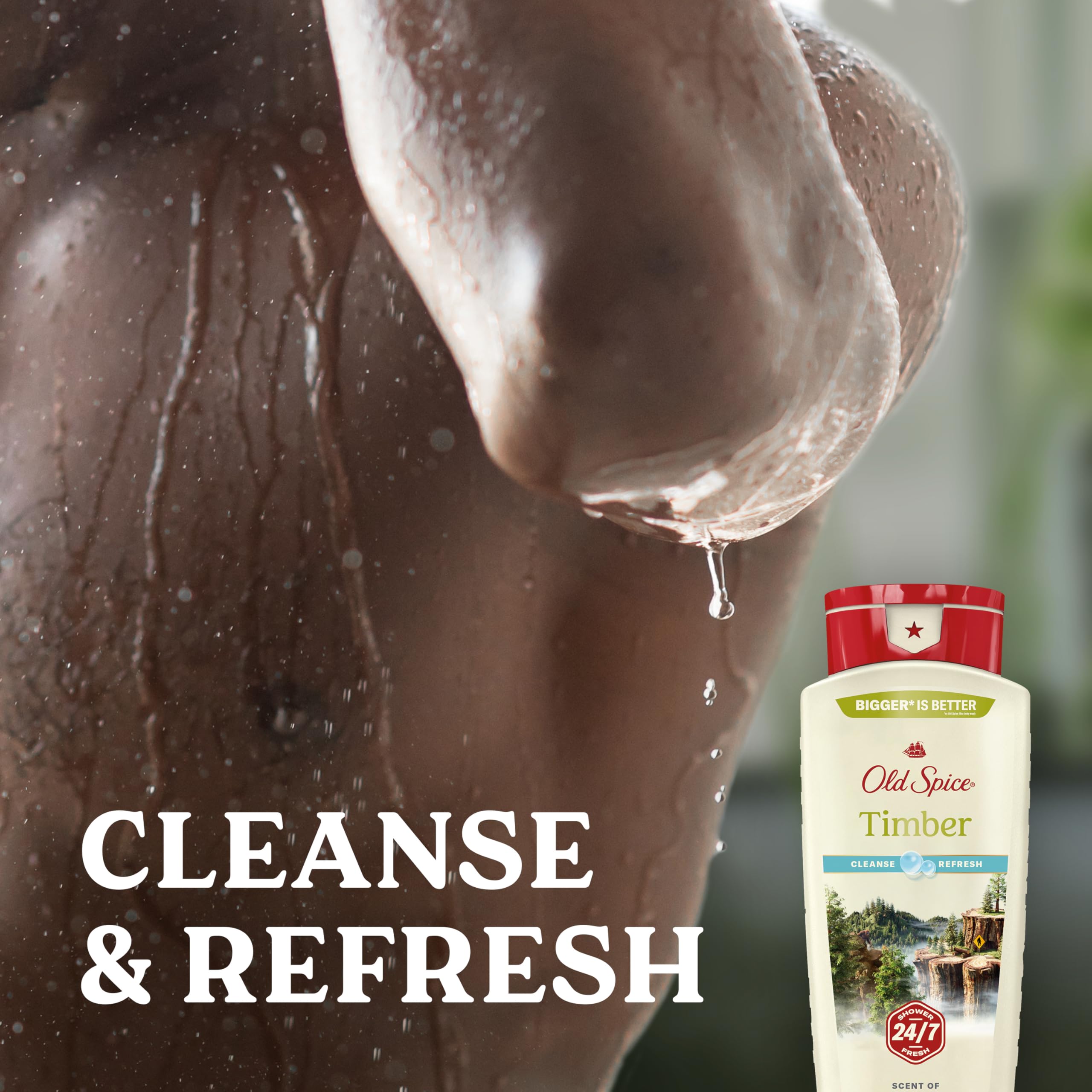 Old Spice Timber pouring into hand with lather demonstrating effective cleansing
