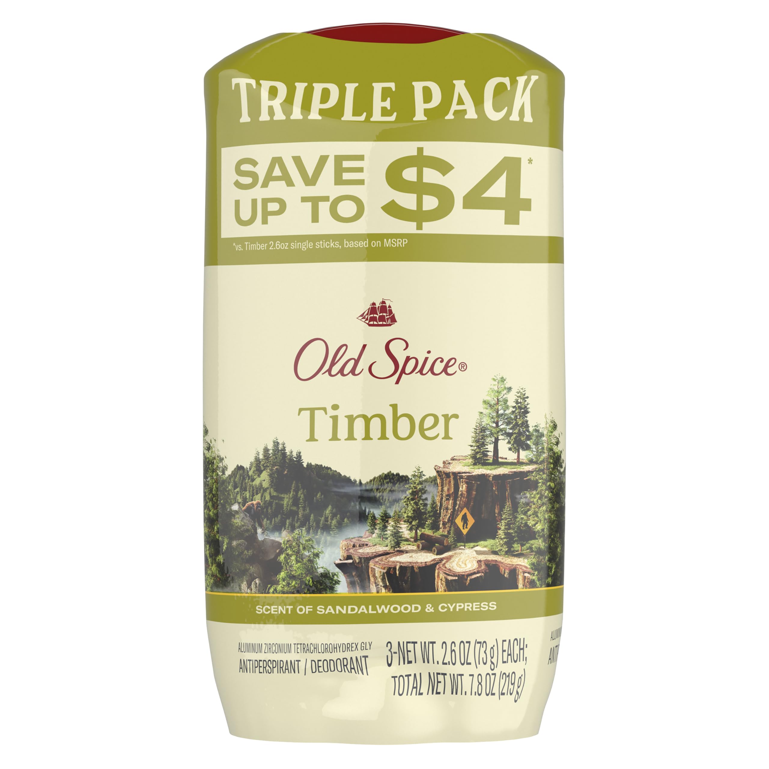 Sandalwood and cypress elements beside Old Spice Timber highlighting scent inspiration and freshness