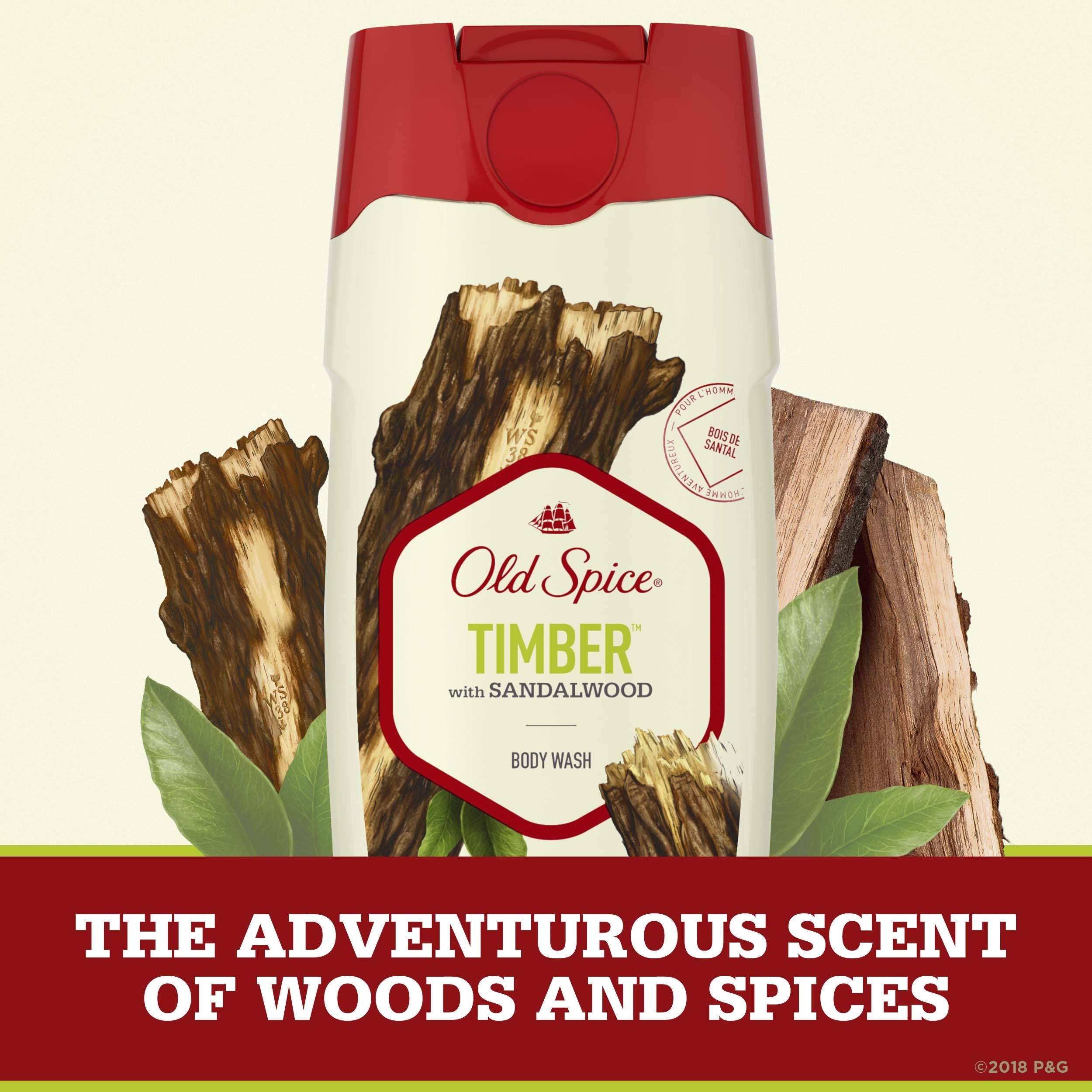 Old Spice Timber bottle beside razor showing 16 oz scale and travel readiness