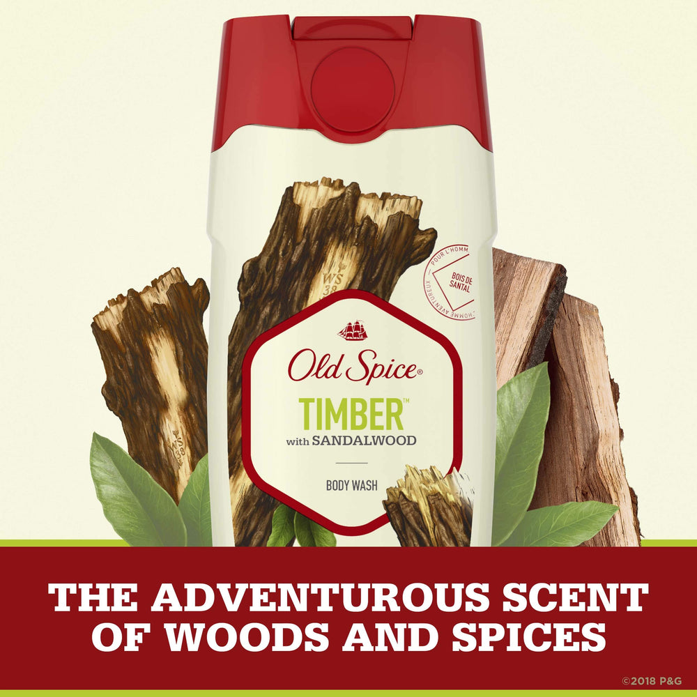 Old Spice Timber bottle beside razor showing 16 oz scale and travel readiness
