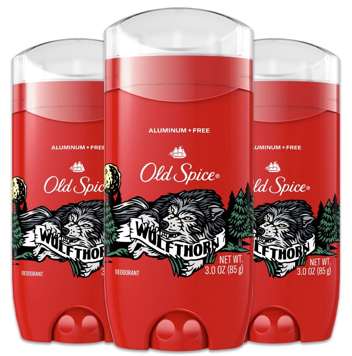 Old Spice Wolfthorn front packaging showing three sticks and brand benefit