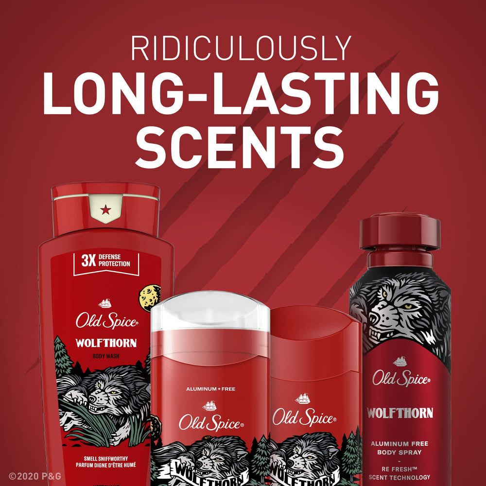 Old Spice Wolfthorn label detail emphasizing aluminum-free odor protection